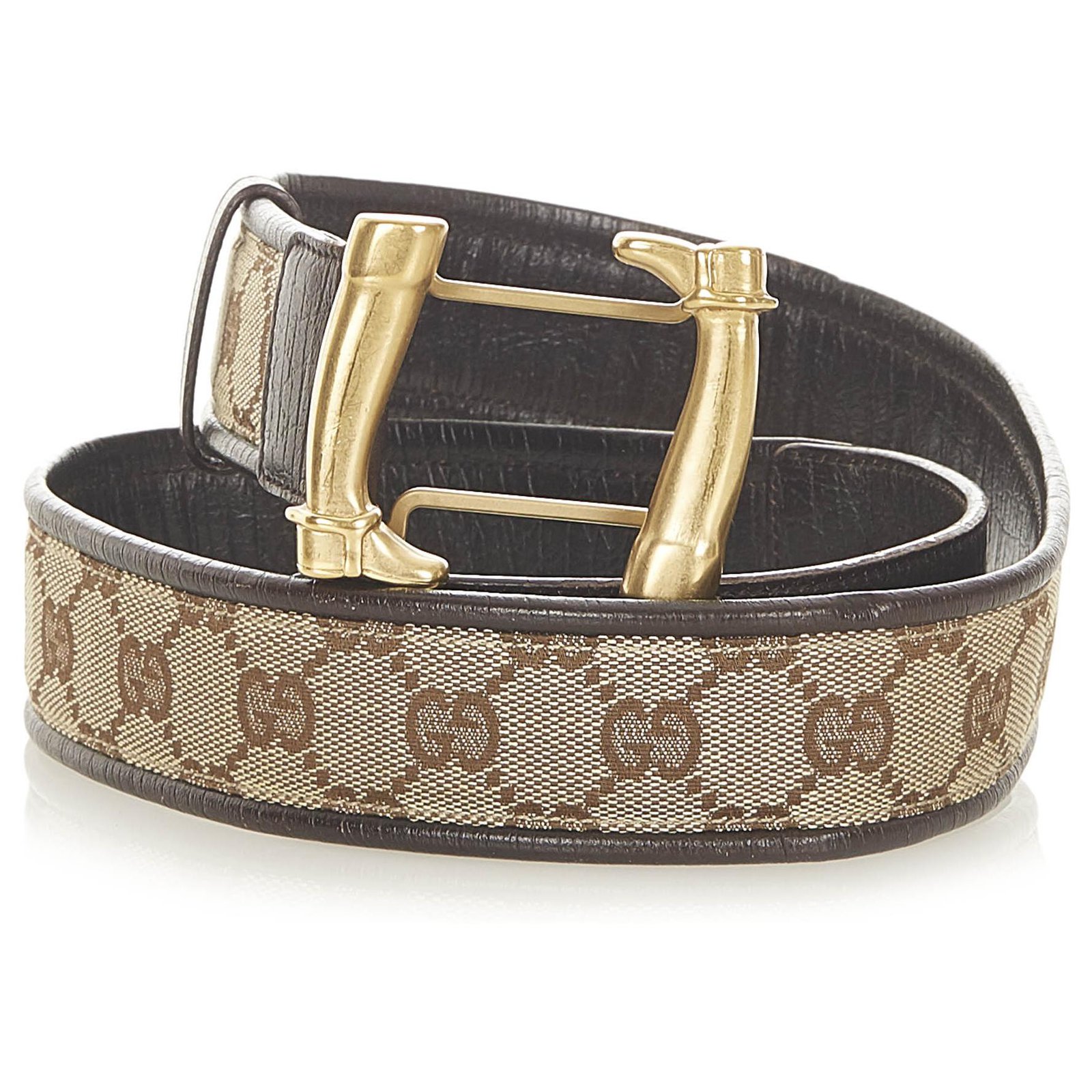 Gucci Brown GG Canvas Belt Beige Golden Leather Cloth Pony-style