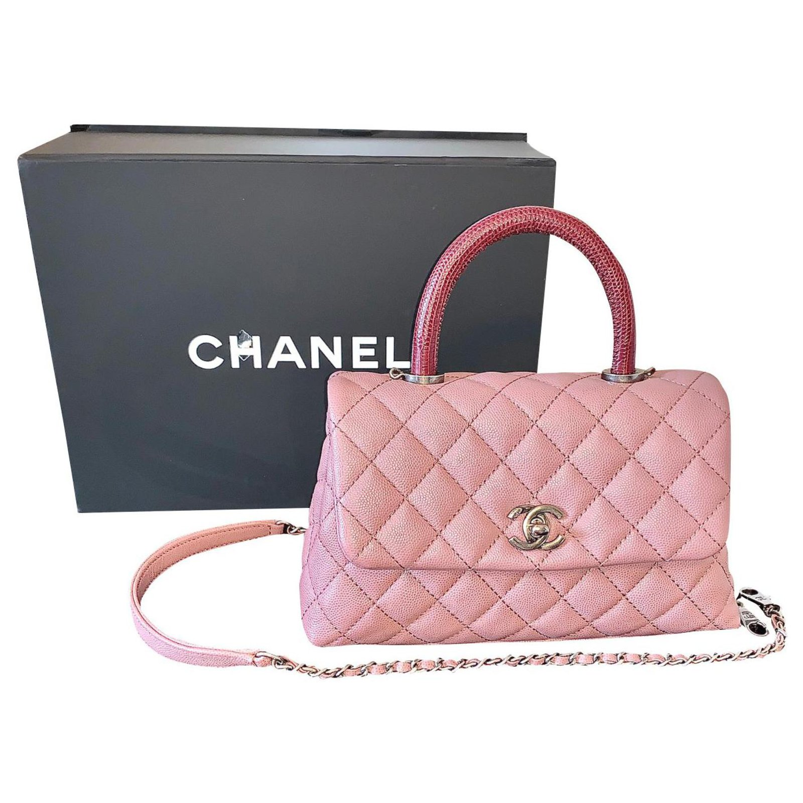 CHANEL Caviar Quilted lizard top Coco Handle Flap Pink Limited