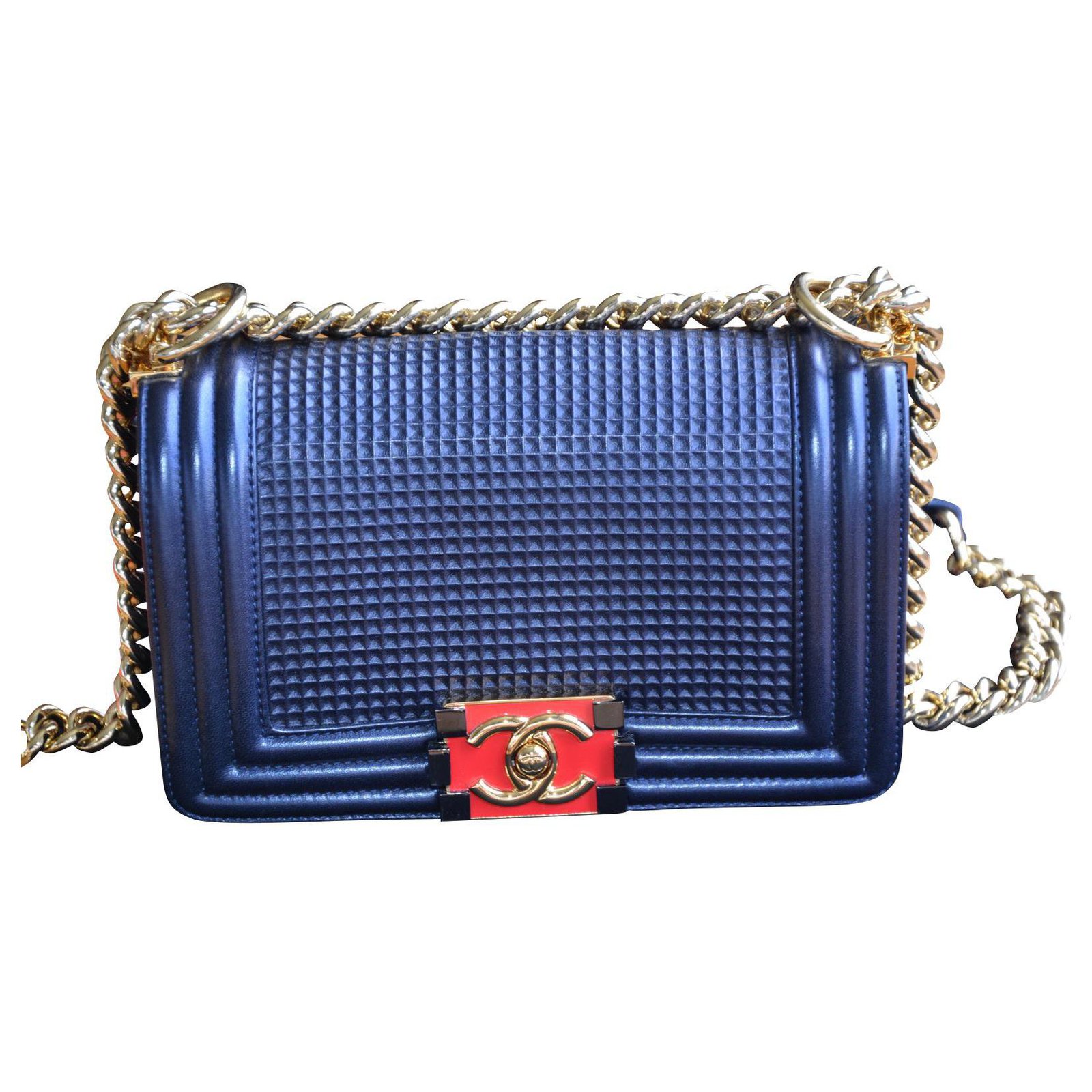BOY CHANEL Chain Shoulder Bag Blue Navy Velvet Leather 45619
