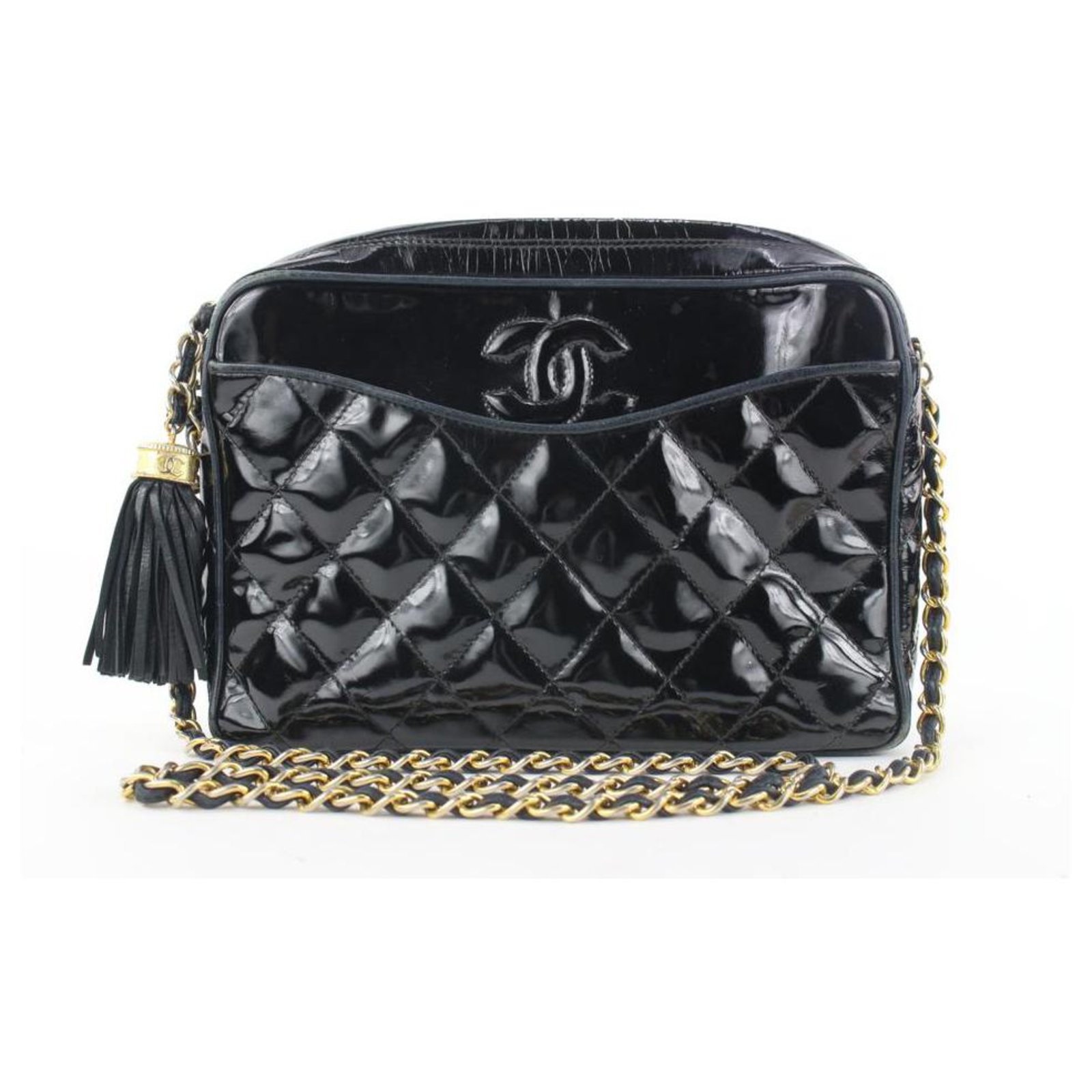 Chanel Black Quilted Patent Fringe Tassel Camera Bag Crossbody Chain  Leather ref.303316 - Joli Closet