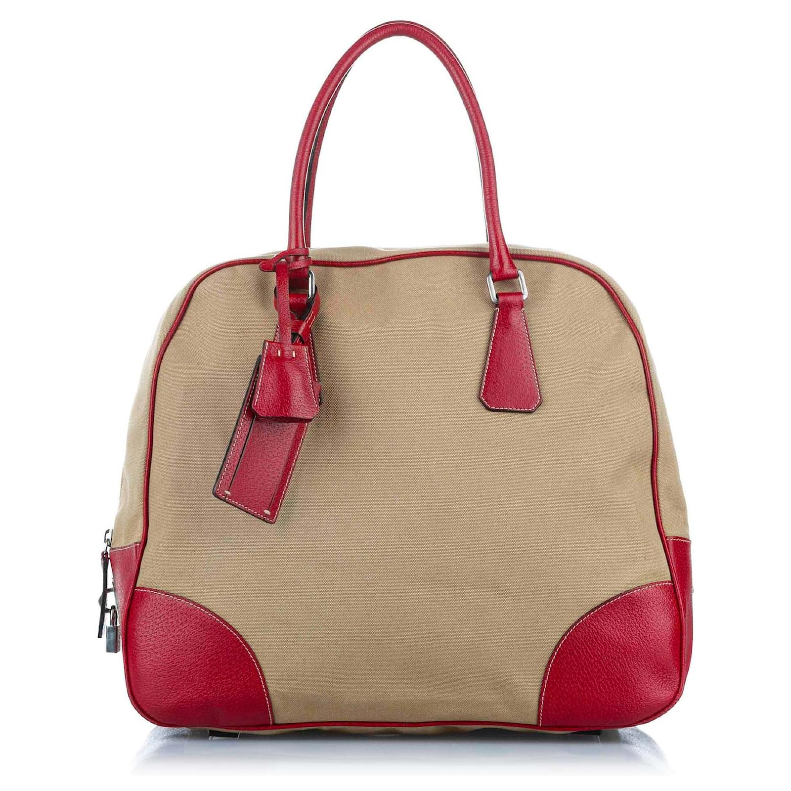 Bolso Prada de Lona Marrón Castaño Roja Beige Cuero Lienzo Becerro Paño  ref.303608 - Joli Closet