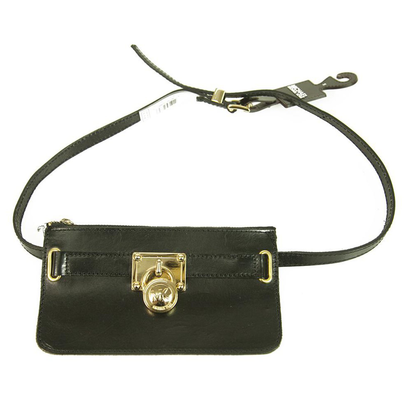 Michael Kors Black Leather Small Fanny Pack Waist Belt Bag Gold tone Logo  Charm  - Joli Closet