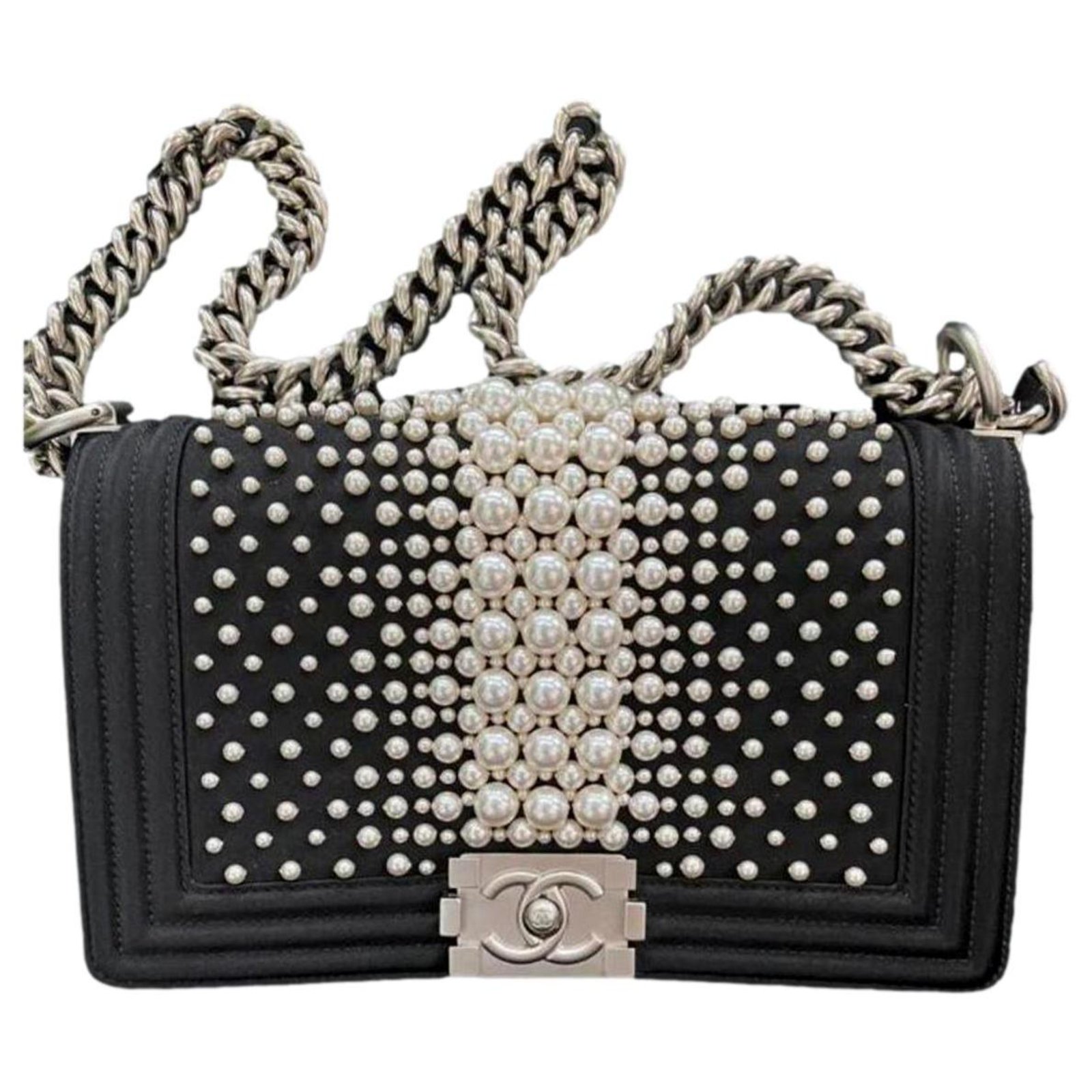 Chanel Medium Boy Bag mit Perlen - Limited Edition Schwarz Satin ref.304879  - Joli Closet