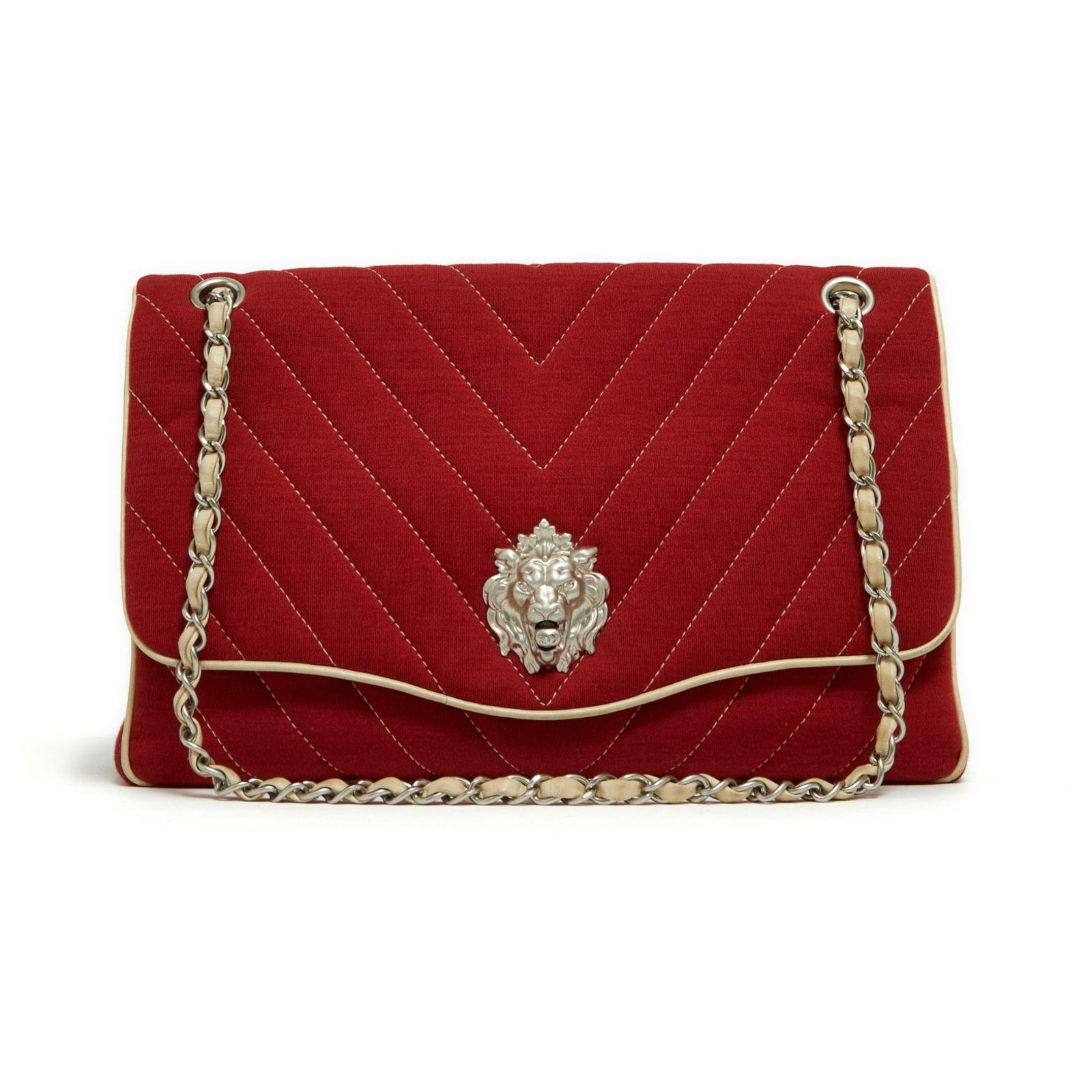 Chanel Red Chevron Quilted Distressed Calfskin Medium Classic Single Medallion Flap Gold Hardware, 2015 (Like New), Womens Handbag
