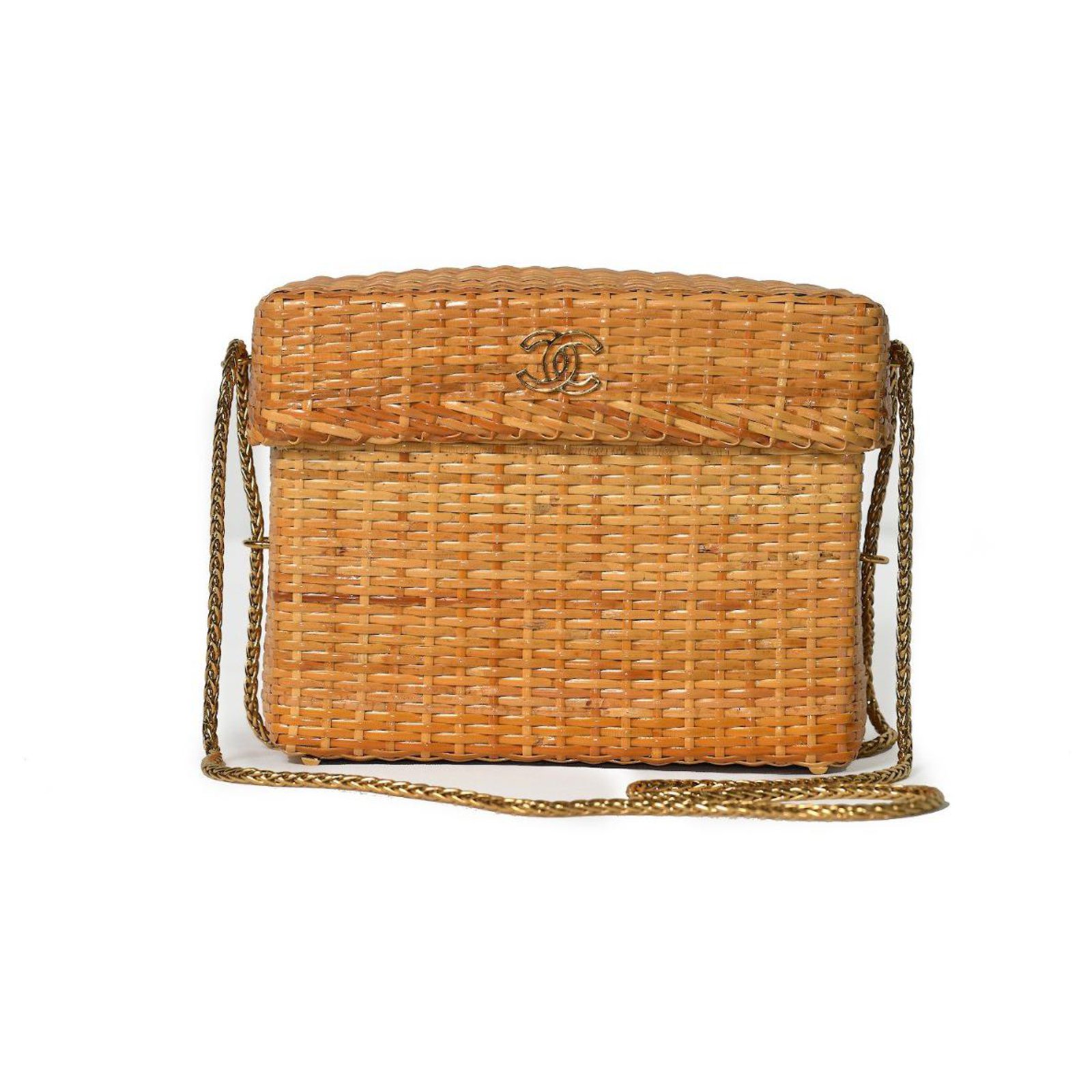Chanel Rattan Wicker Basket Shoulder Vintage Bag Brown Leather