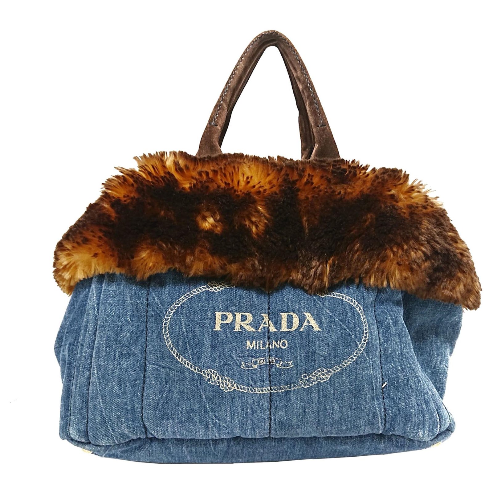 Prada Blue Canapa Logo Denim Tote Bag Brown Suede Leather Cloth   - Joli Closet