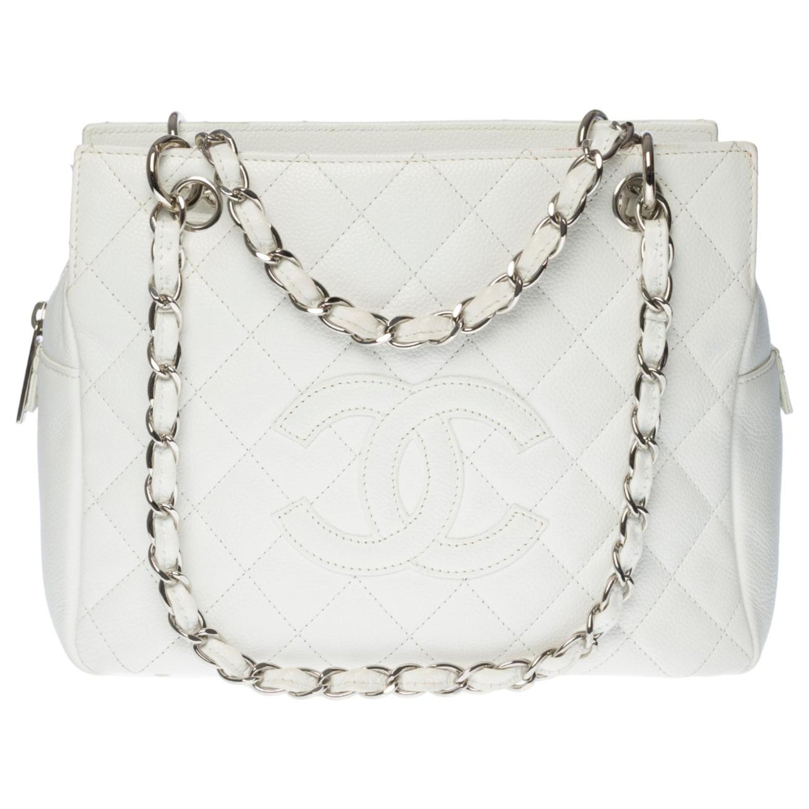 Lovely Chanel Petit Shopping bag in white quilted caviar grained leather,  Garniture en métal argenté ref.307875 - Joli Closet