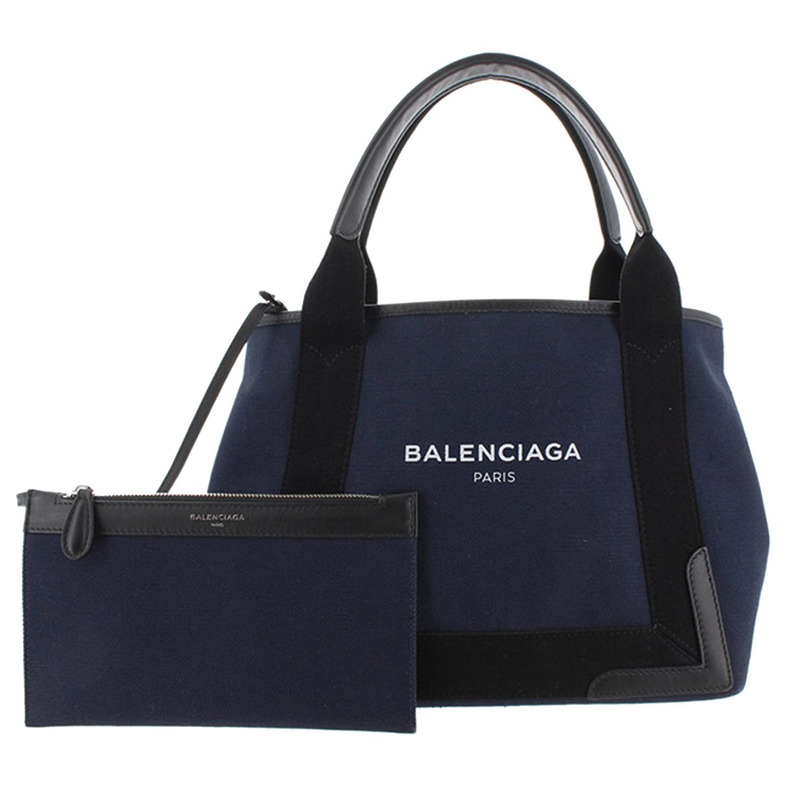 Balenciaga Borsa tote Cabas S in tela blu navy Nero Pelle Vitello simile a un vitello Panno ref.308587 Joli Closet