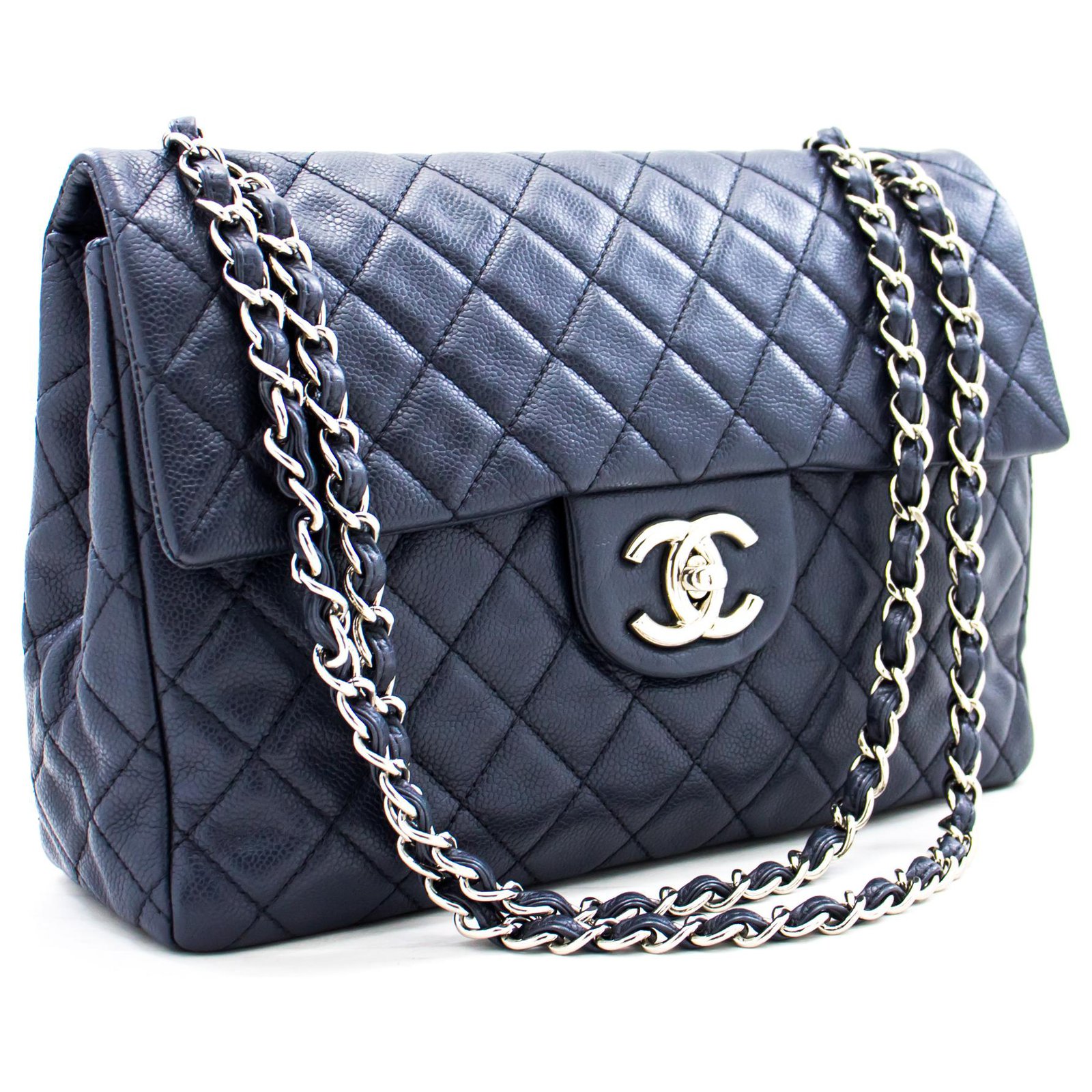 CHANEL Caviar Navy Jumbo Chain Shoulder Bag Single Flap Leather Navy blue  ref.310094 - Joli Closet