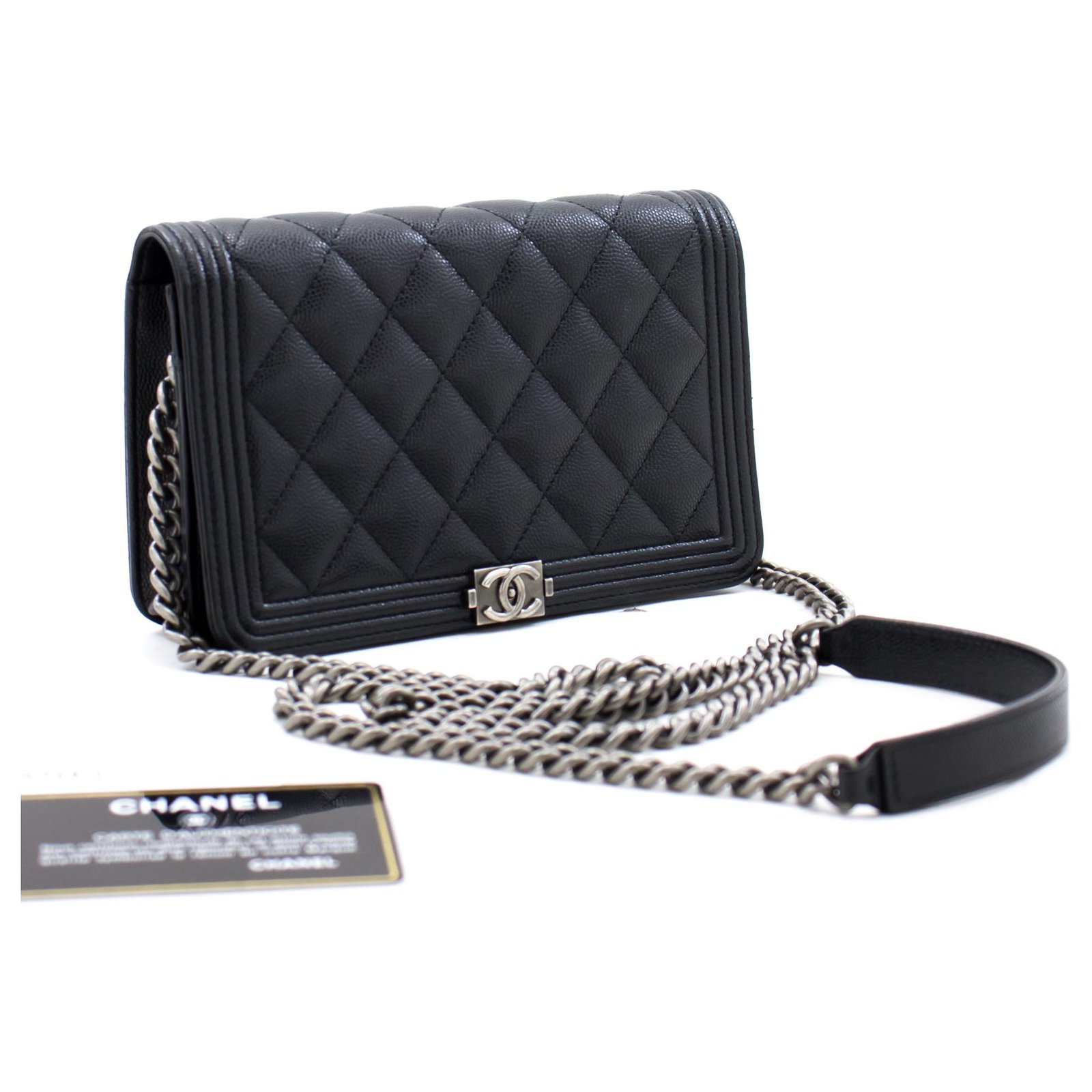 CHANEL Boy Caviar Wallet On Chain WOC Schwarze Schultertasche mit Klappe Leder ref.310098 Joli Closet