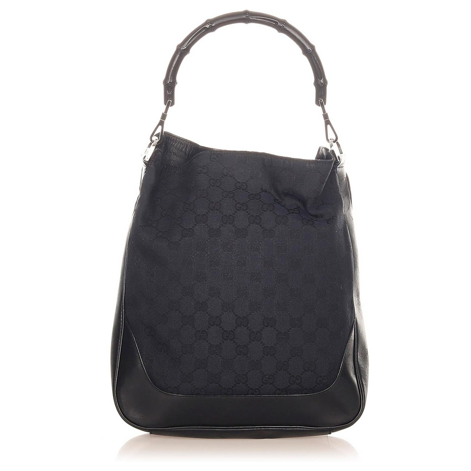 Gucci Black Bamboo GG Canvas Shoulder Bag Leather Cloth Pony-style