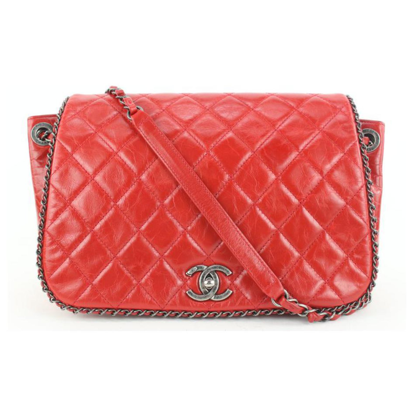 Quilted Red Leather Chain Around Flap Bag