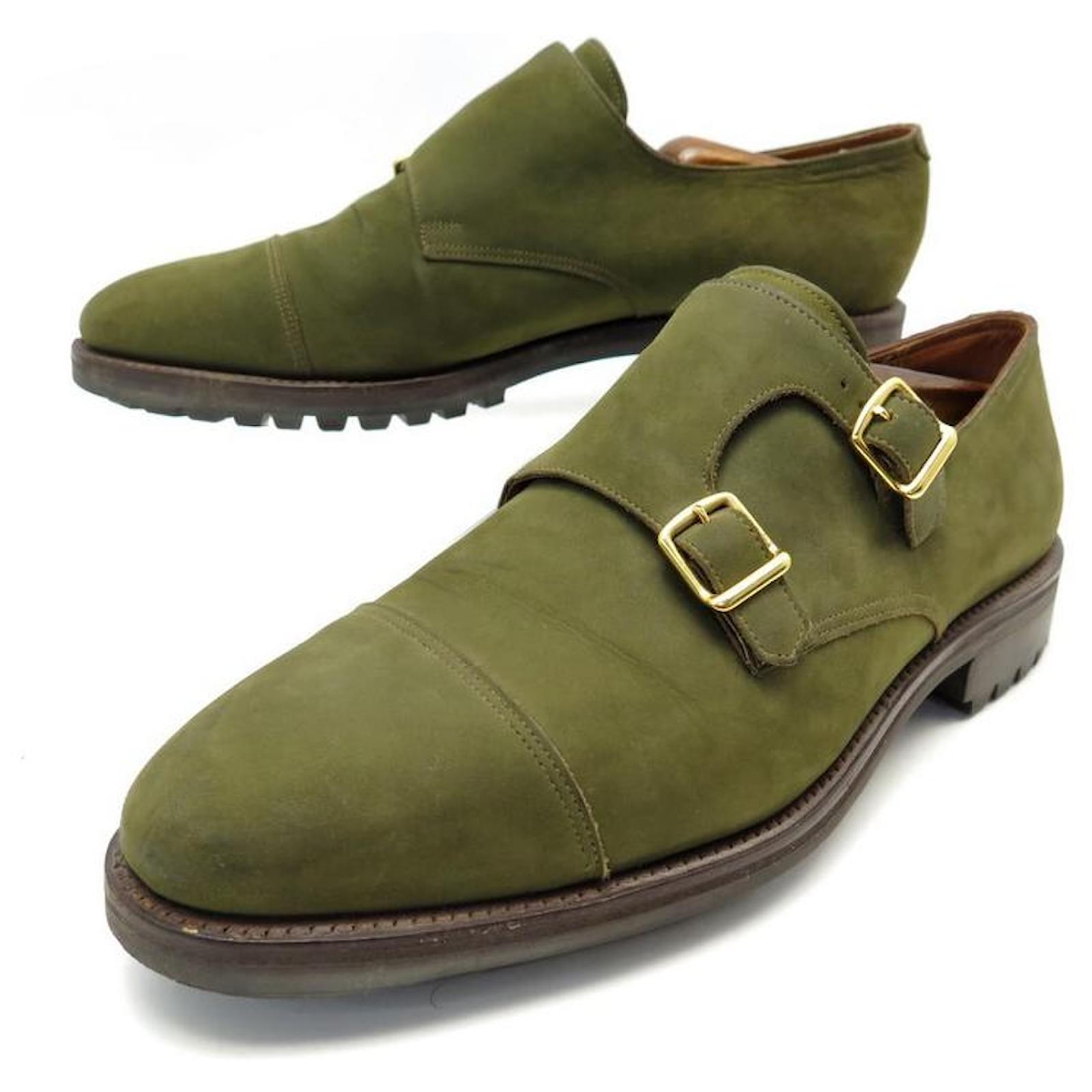 JOHN LOBB SHOES BI-BUCKLE LOAFERS WILLIAM 10E 44 GREEN SUEDE SHOES