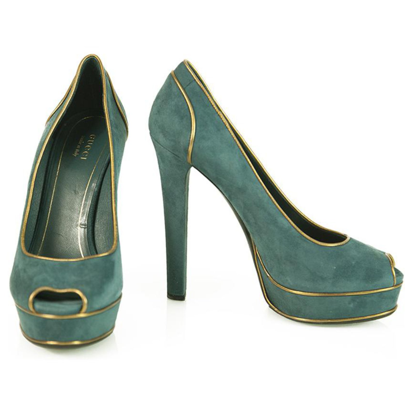 Teal Suede Bronze Leather Trim Peep Toe Pumps Sturdy Heels Shoes 40 Blue Green ref.312459 - Joli Closet