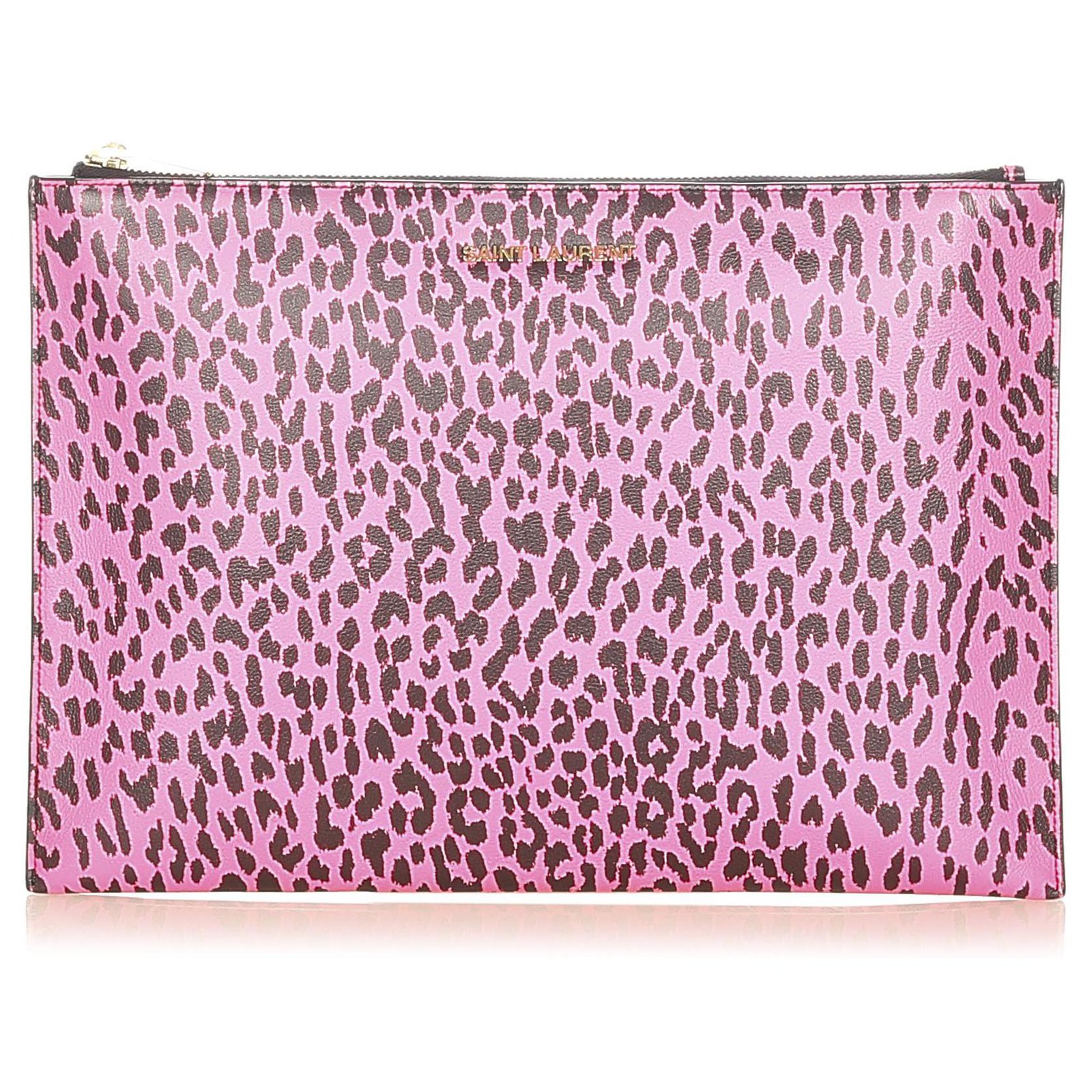Yves Saint Laurent YSL Pink Leopard Print Leather Clutch Bag Black Pony style calfskin ref.313120 Joli Closet