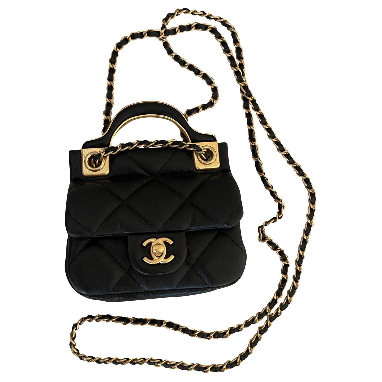 Clutch Bags Chanel Black Calf Leather Flap Card Holder with Gold Chain