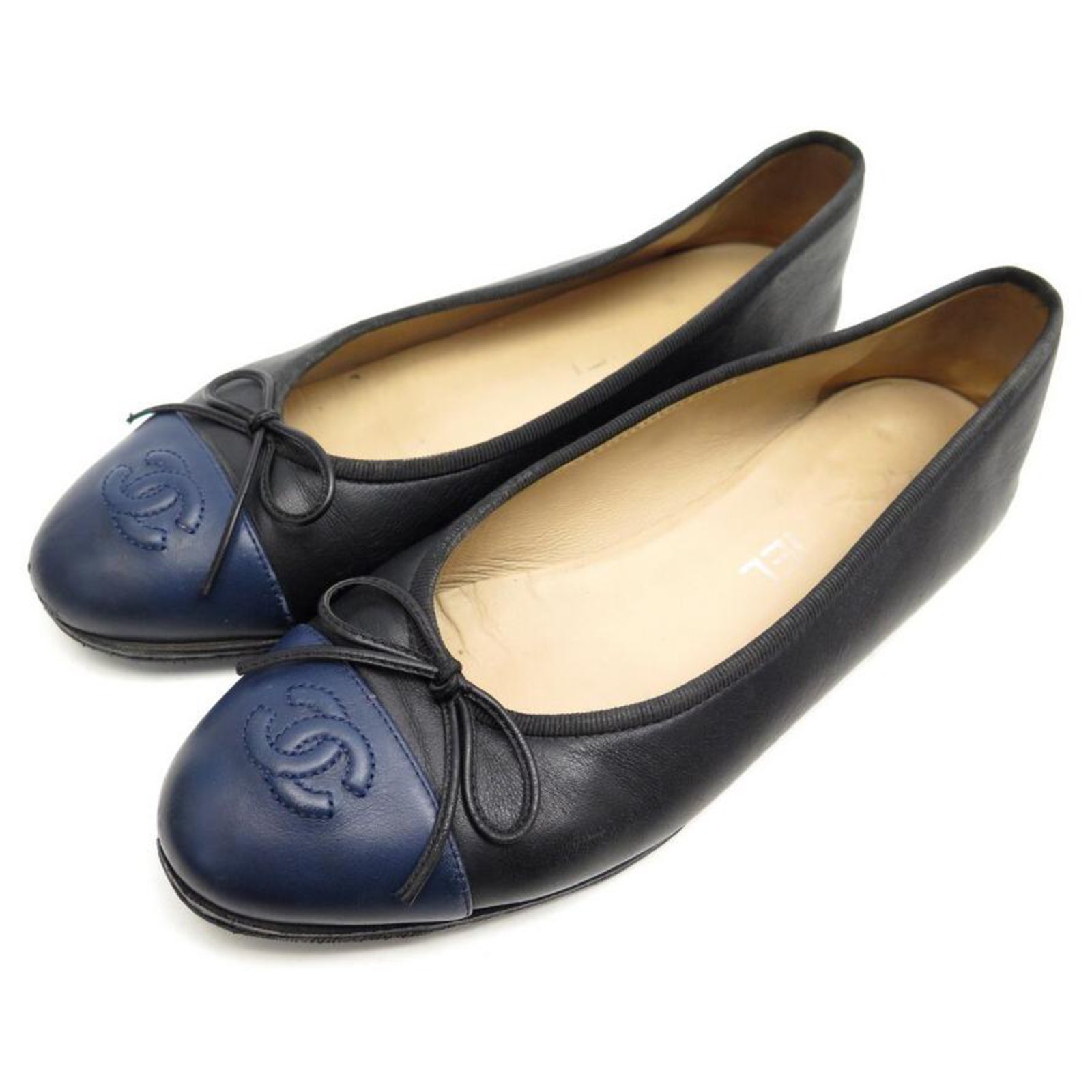 Chanel Black/Blue Leather CC Bow Ballet Flats Size 37