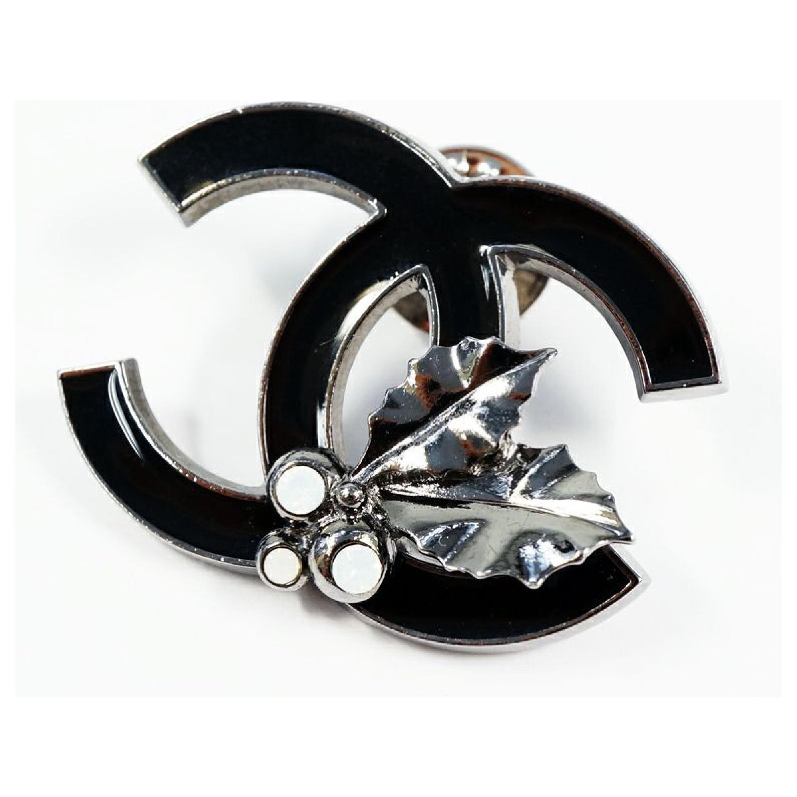 CHANEL COCO mark Leaf metal line stone unisex brooch black x silver   - Joli Closet