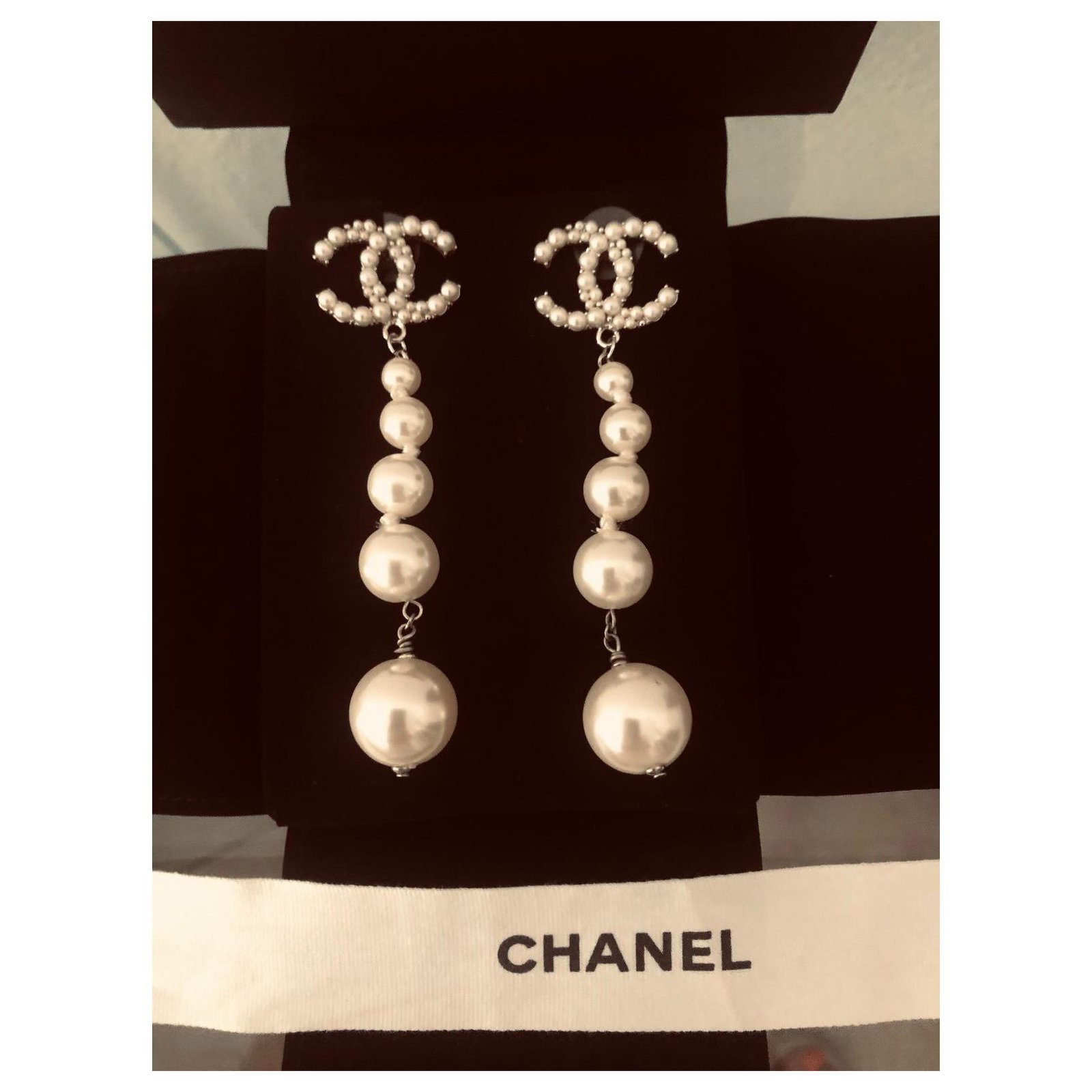 Long chanel earrings Silver hardware Pearl ref.314458 - Joli Closet