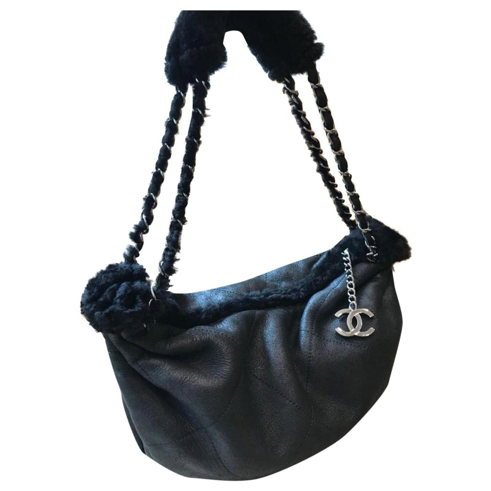 Chanel Black Suede Shearling hobo bag with silver hardware Leather  ref.315377 - Joli Closet