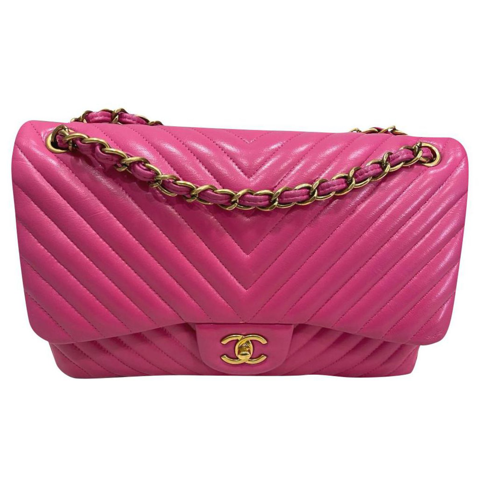 Chanel Pink Chevron Maxi flap bag with GHW Leather ref.315380 - Joli Closet