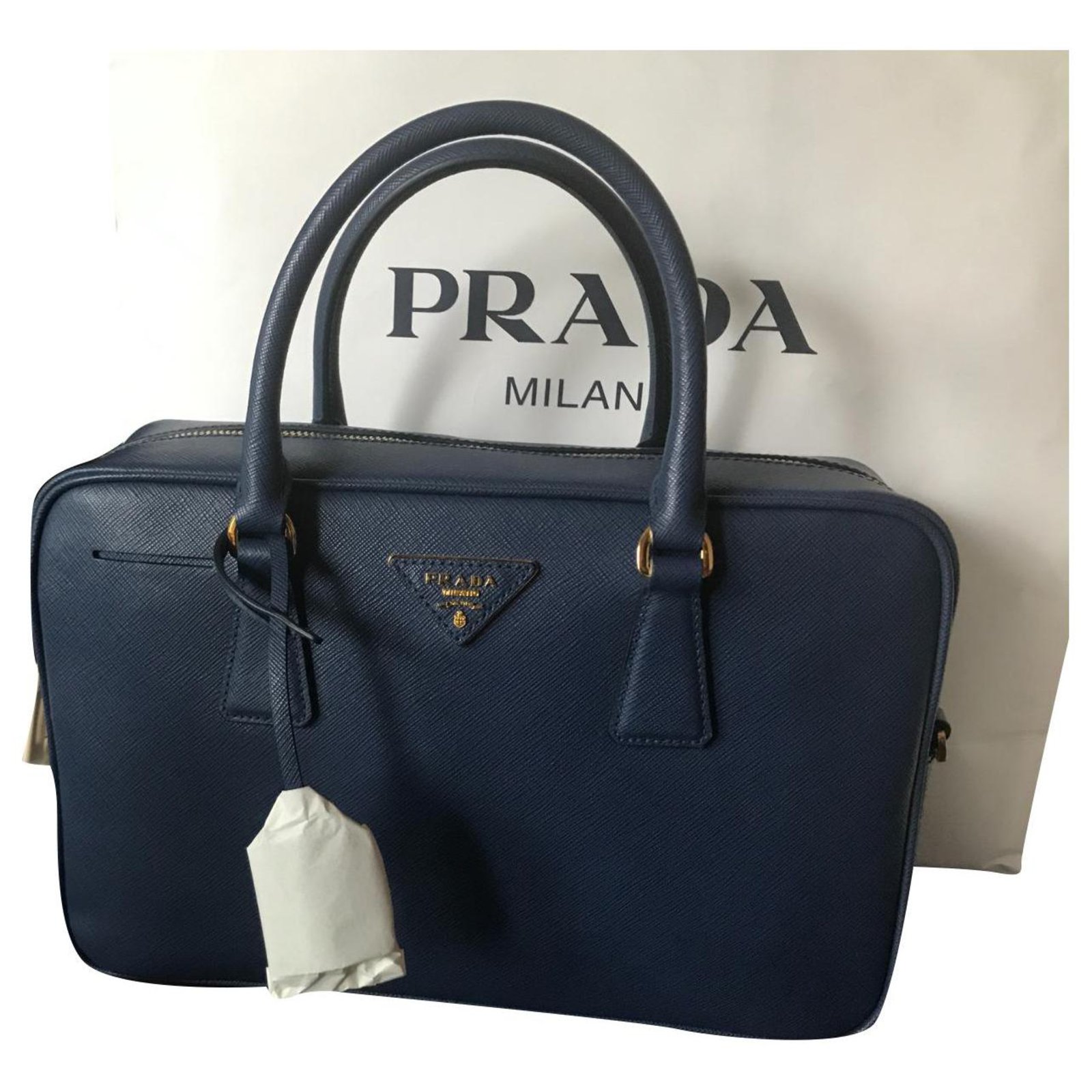 Bauletto Prada Saffiano Lux handbag Blue Gold hardware Leather ref.315403 -  Joli Closet