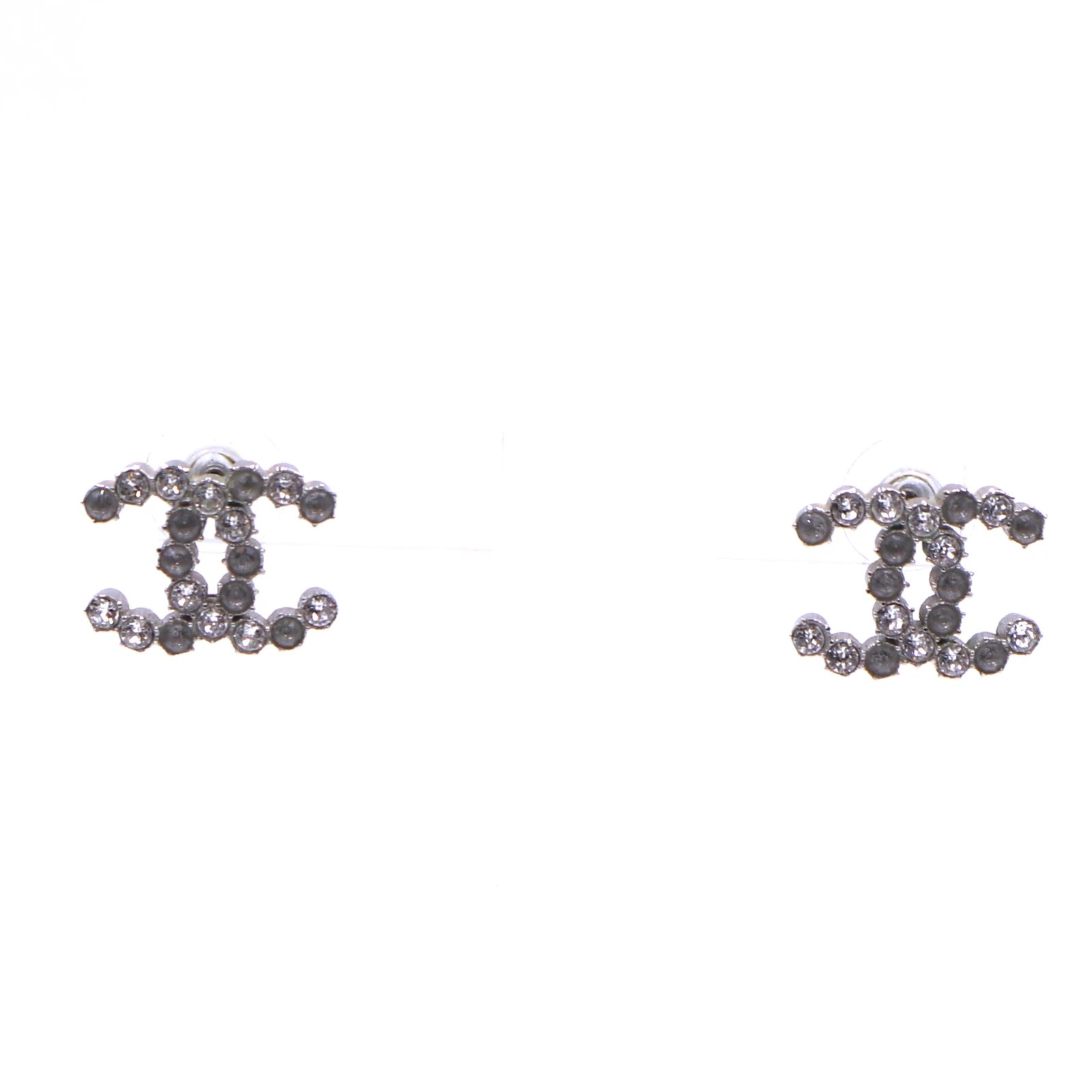 Chanel Silver Smoked Crystals CC Stud Earrings Silvery Metal ref