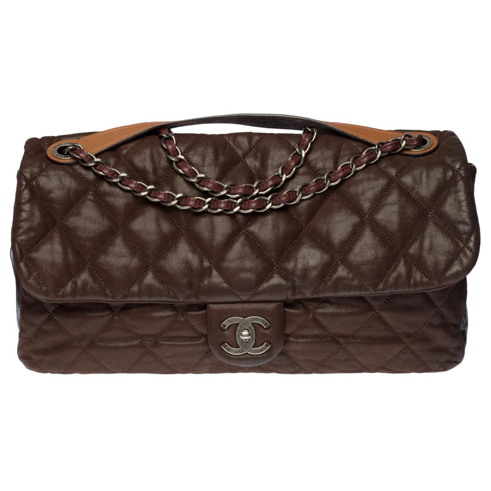 Timeless Astonishing Chanel Classic XL bag in brown quilted leather ,  gussets and underside in brown glazed leather, Aged silver metal trim  ref.317291 - Joli Closet