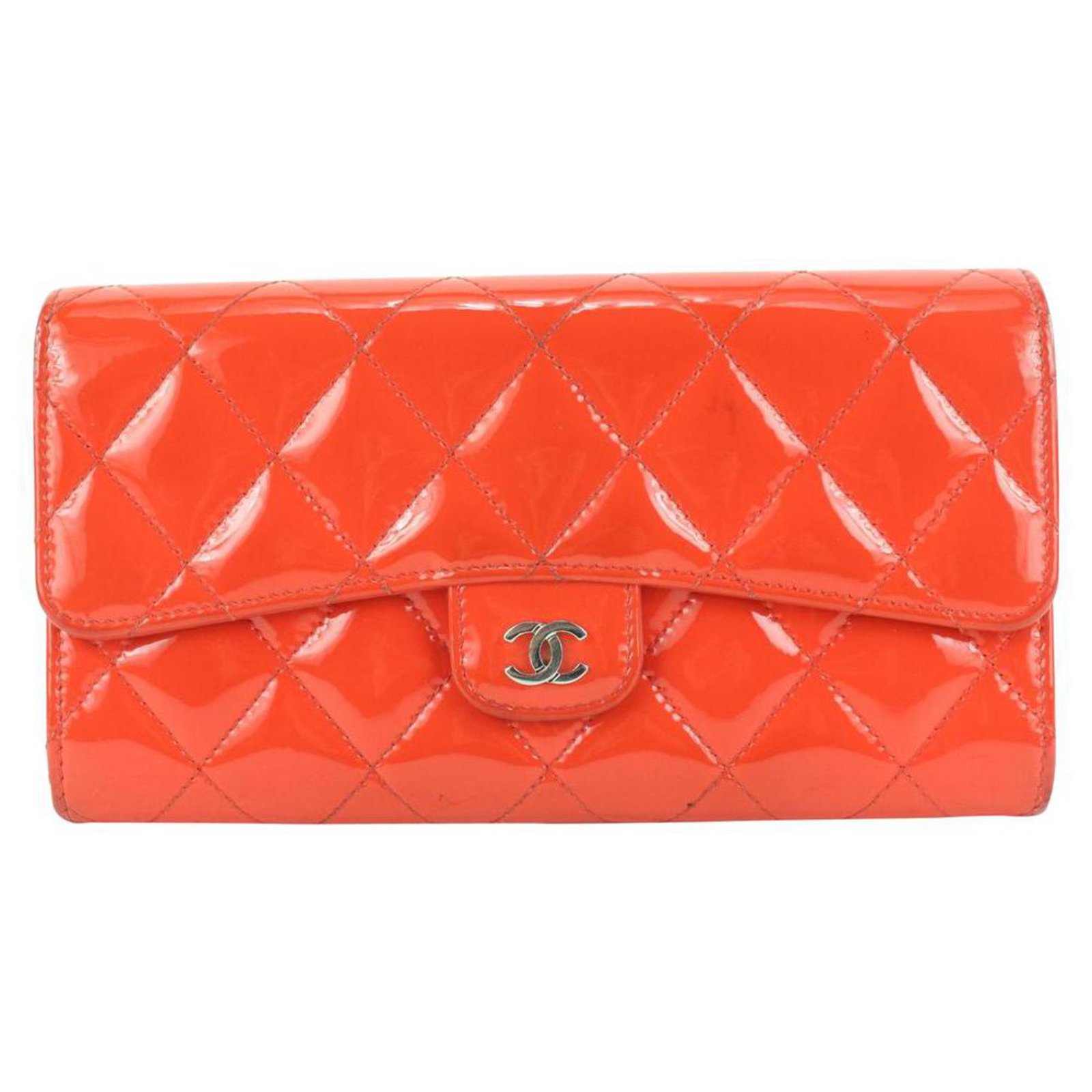 Orange Quilted Patent Classic Flap Long Wallet L Gusset