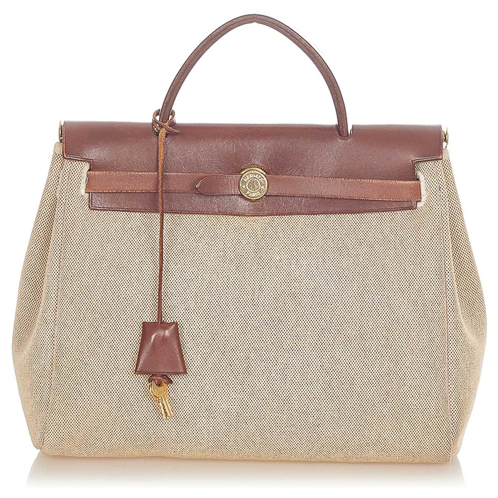 Hermès Hermes Brown Herbag PM Beige Leather Cloth Pony-style