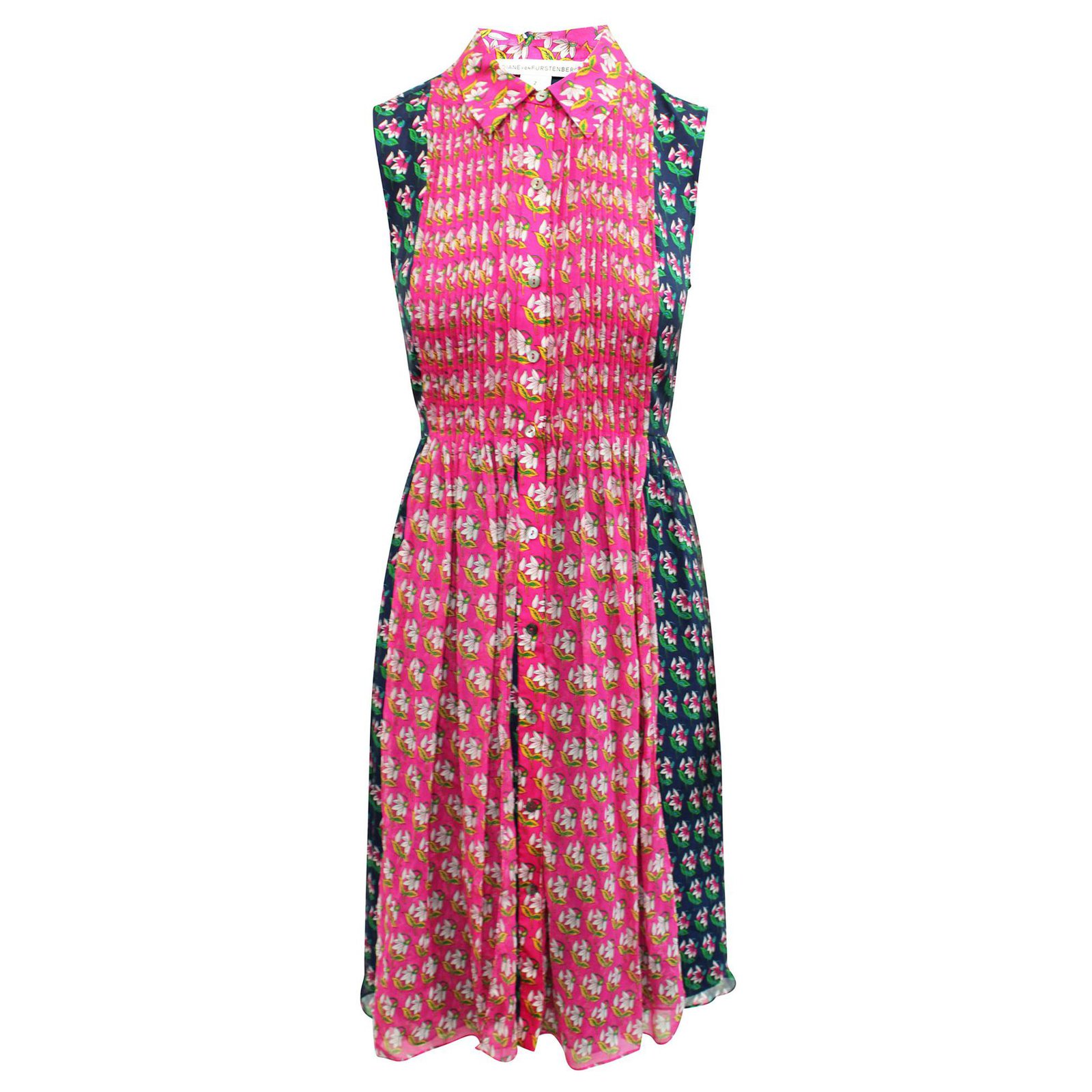Diane Von Furstenberg Navy Blue and Pink Floral Print Dress Silk ref ...