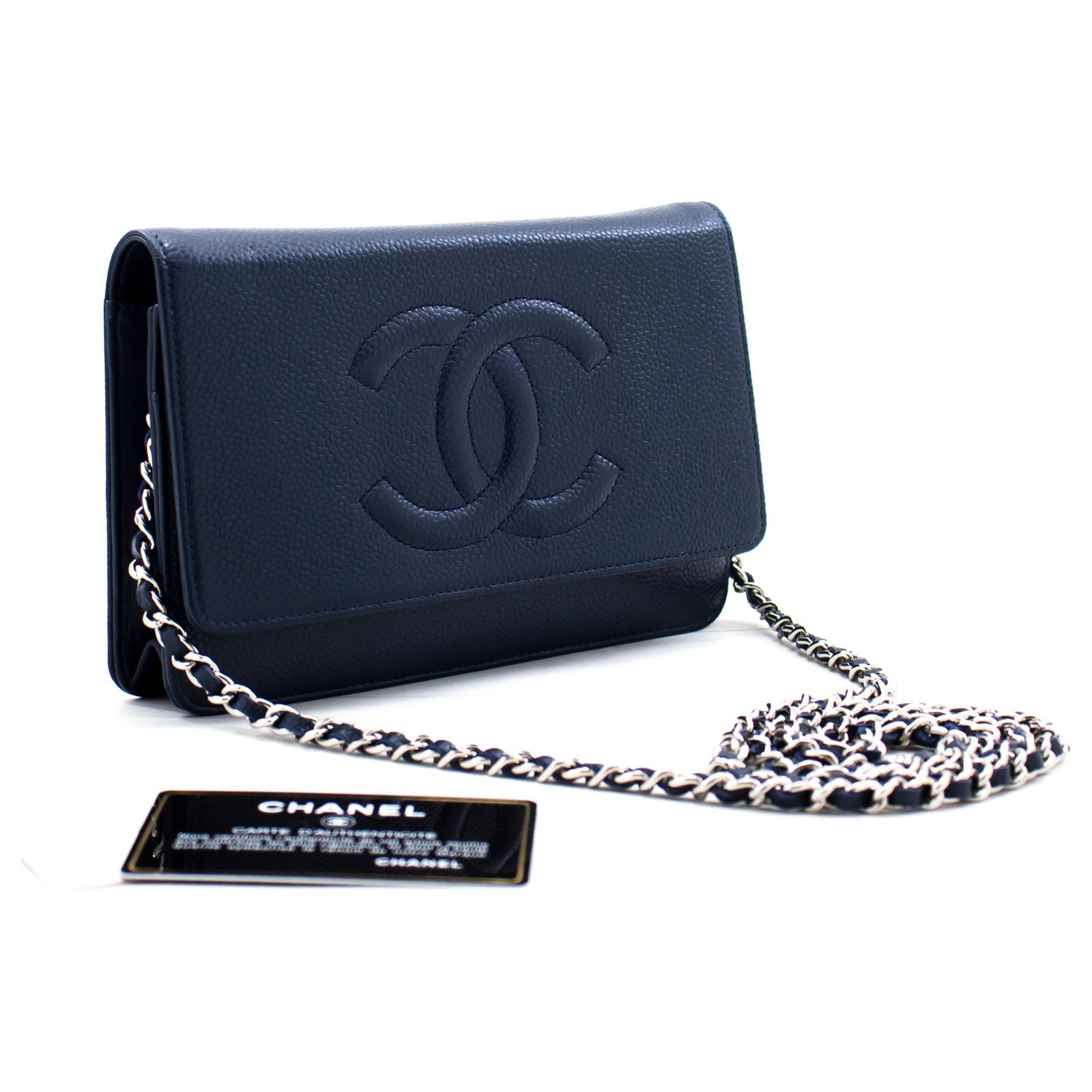 chanel navy wallet on chain