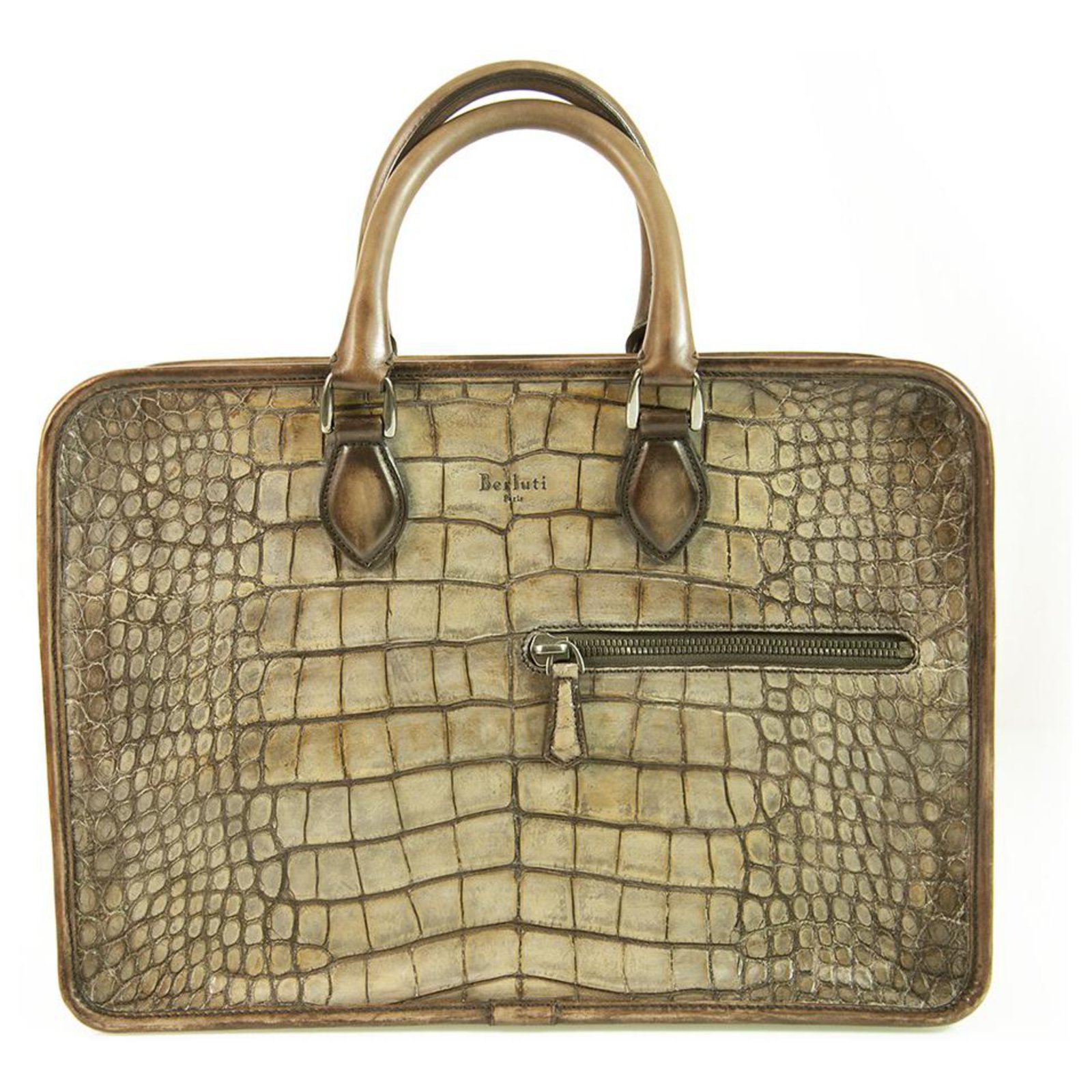 BERLUTI Un Jour Medium size Crocodile Embossed Brown Leather Briefcase ...