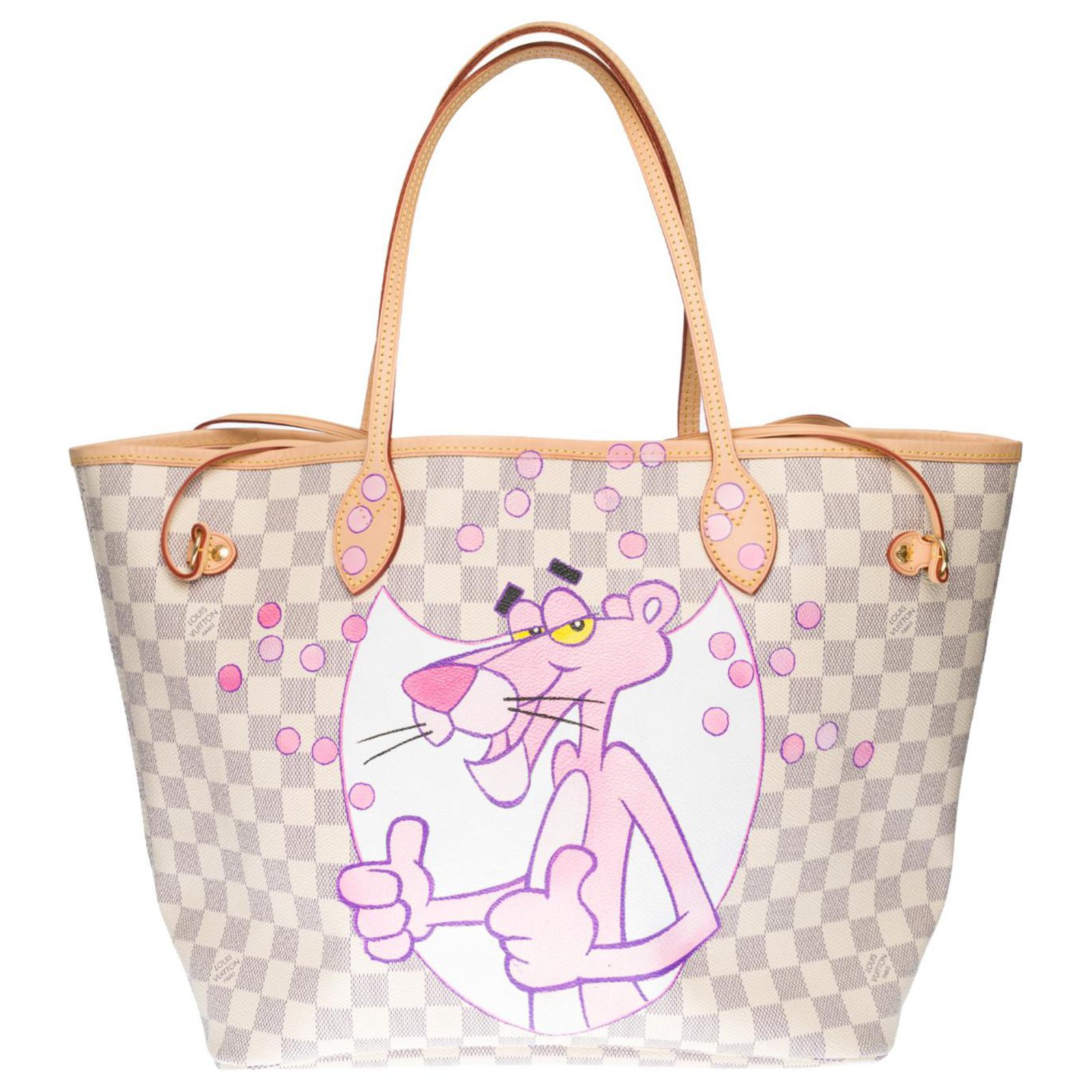 Louis Vuitton Neverfull medium model shopping bag in azure damier canvas  customized Pink Panther & Champagne Bubbles Beige Cloth ref.323461 - Joli  Closet