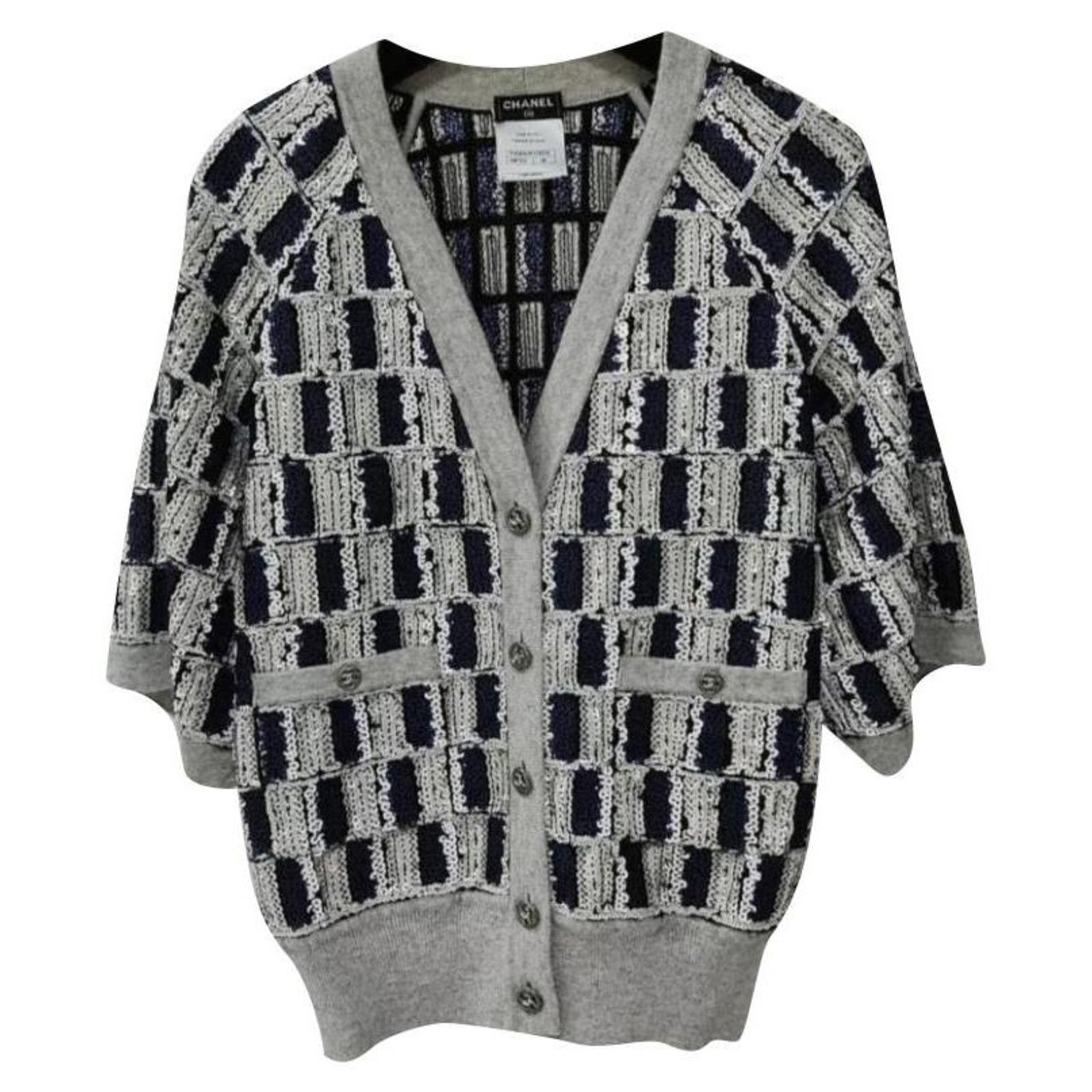 Chanel Blue Navy Grey Pearl Sequin Cashmere Cc Sweater Cardigan Sz 36  Multiple colors ref.323656 - Joli Closet