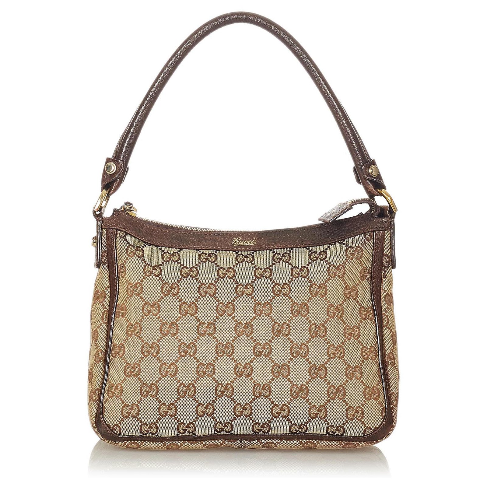 Gucci Brown GG Canvas Shoulder Bag Beige Dark brown Leather
