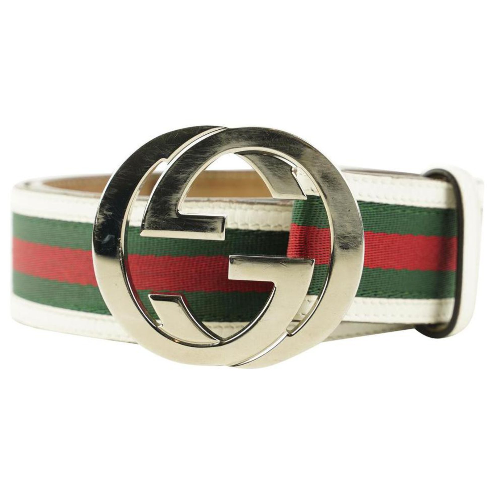 Gucci Cinturón blanco con logo entrelazado con GG y tribanda Cuero