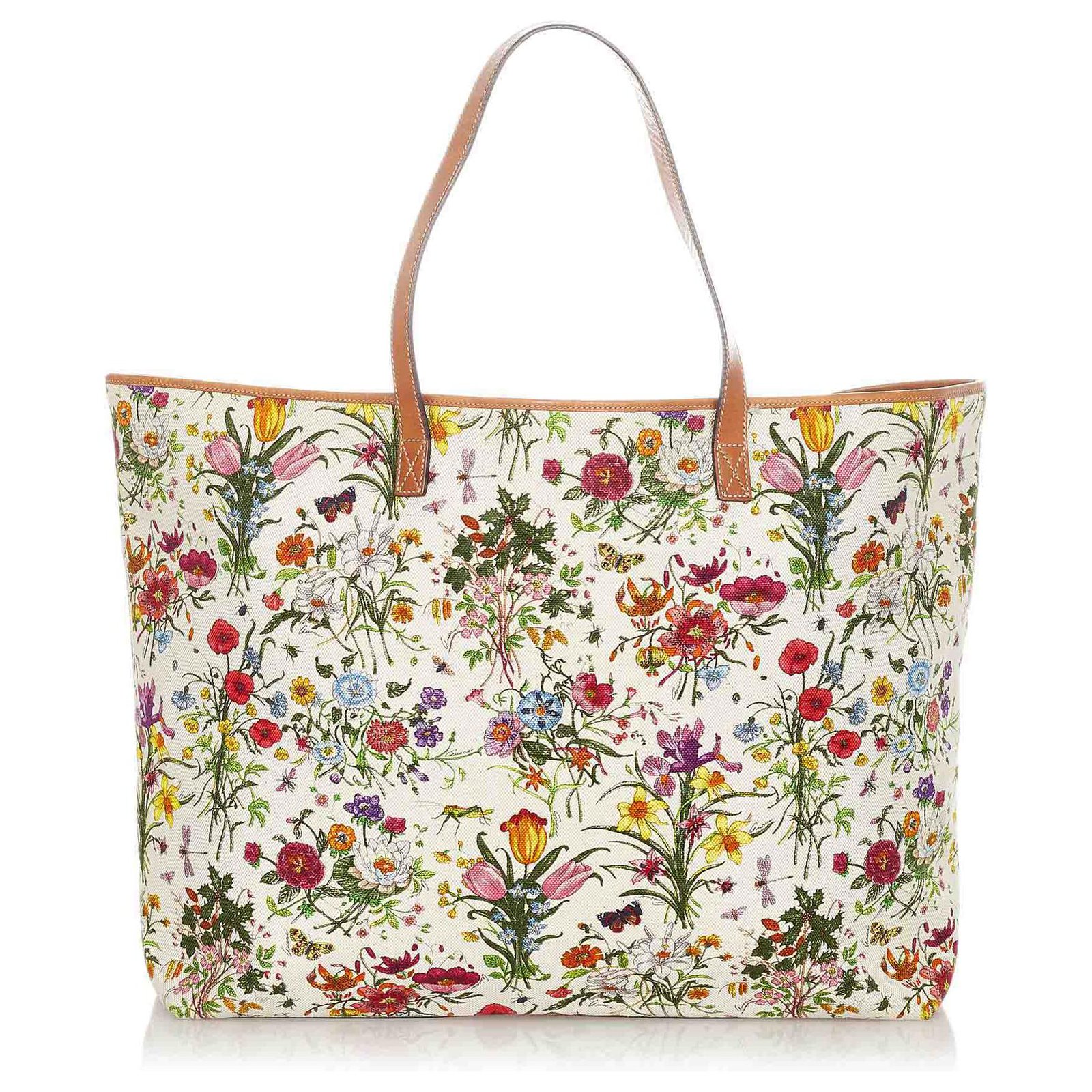 Gucci Floral Tote Shopping Bag in White Canvas