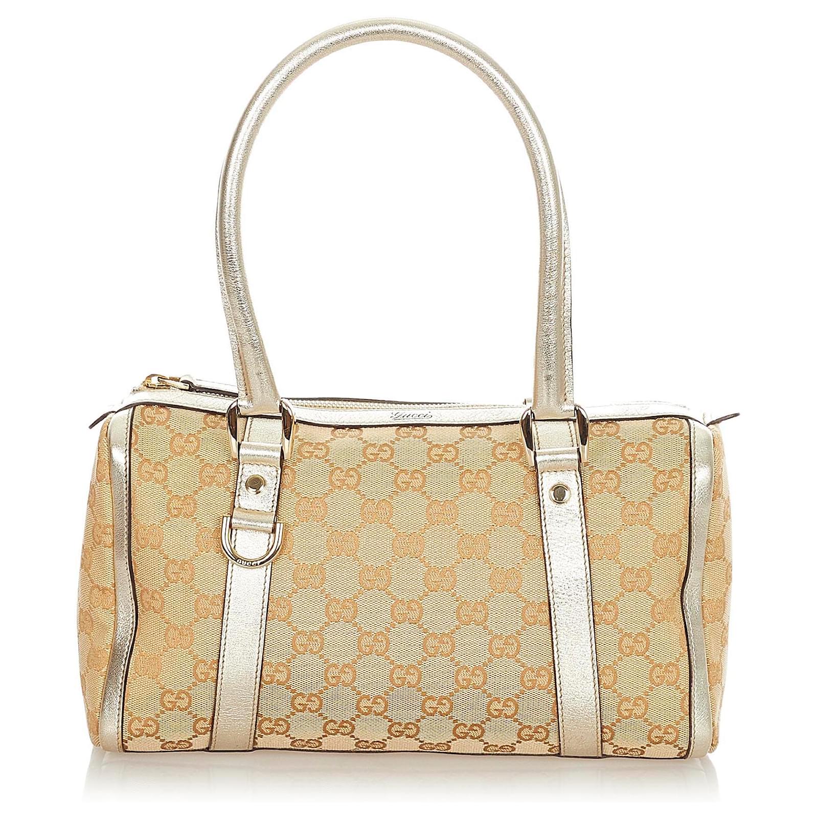 Gucci Brown Abbey GG Canvas Boston Bag White Beige Leather Cloth Pony ...