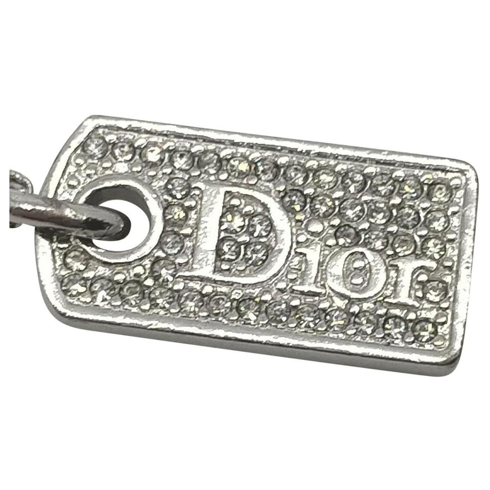 Christian Dior Crystal Logo Dog Tag Chain Necklace Silver Metal