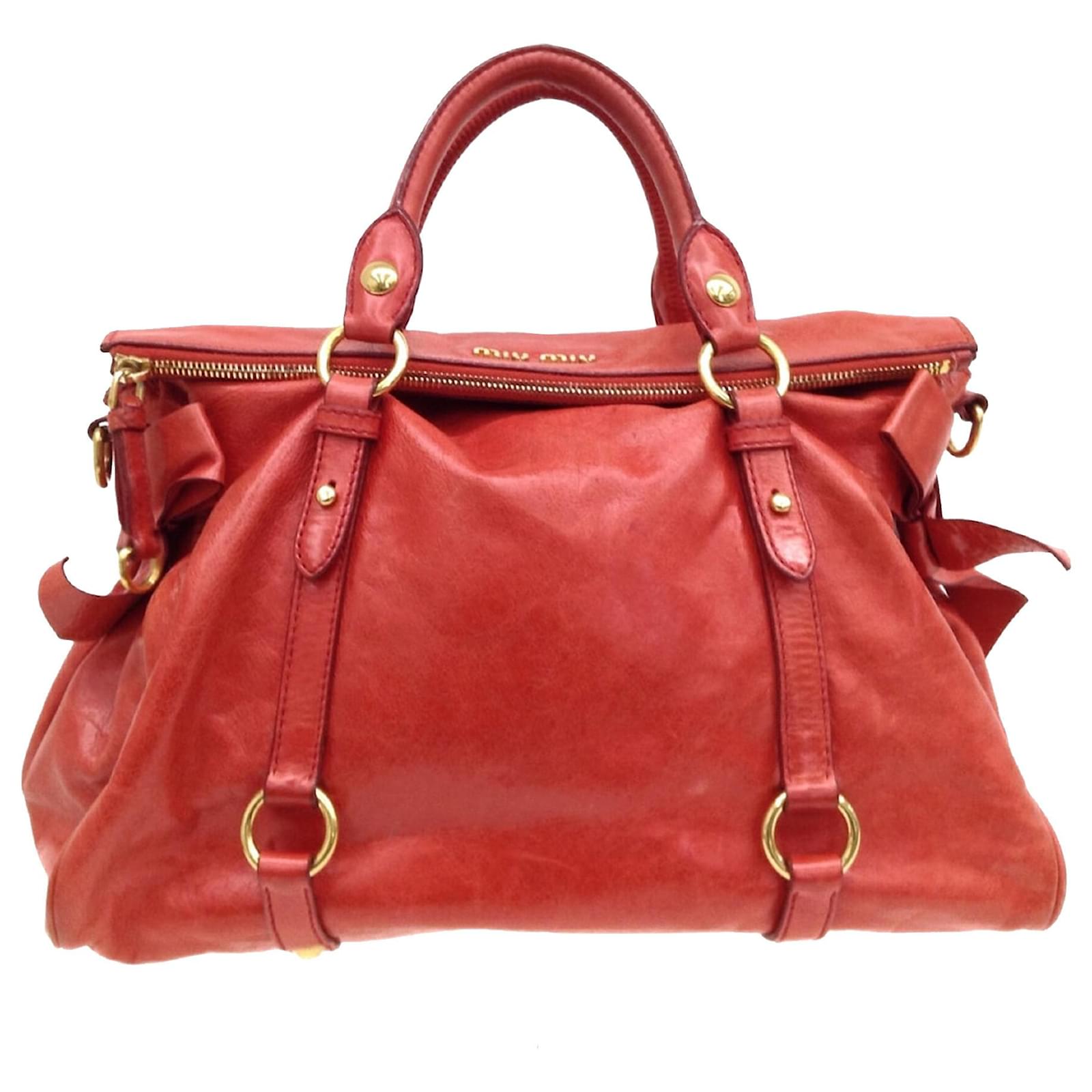 Miu Miu Red Vitello Lux Leather Bow Top Handle Bag