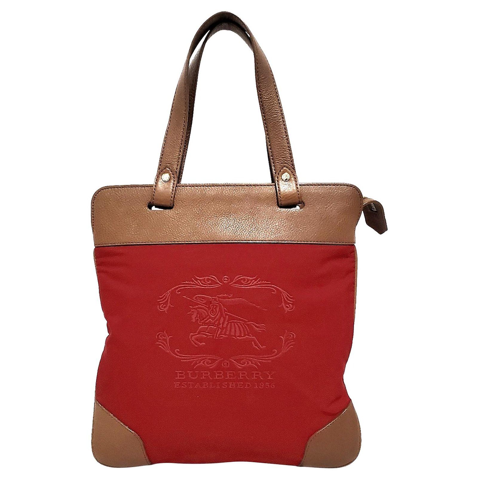 Burberry Red Nylon Handbag Brown Leather Pony-style calfskin Cloth  ref.327455 - Joli Closet