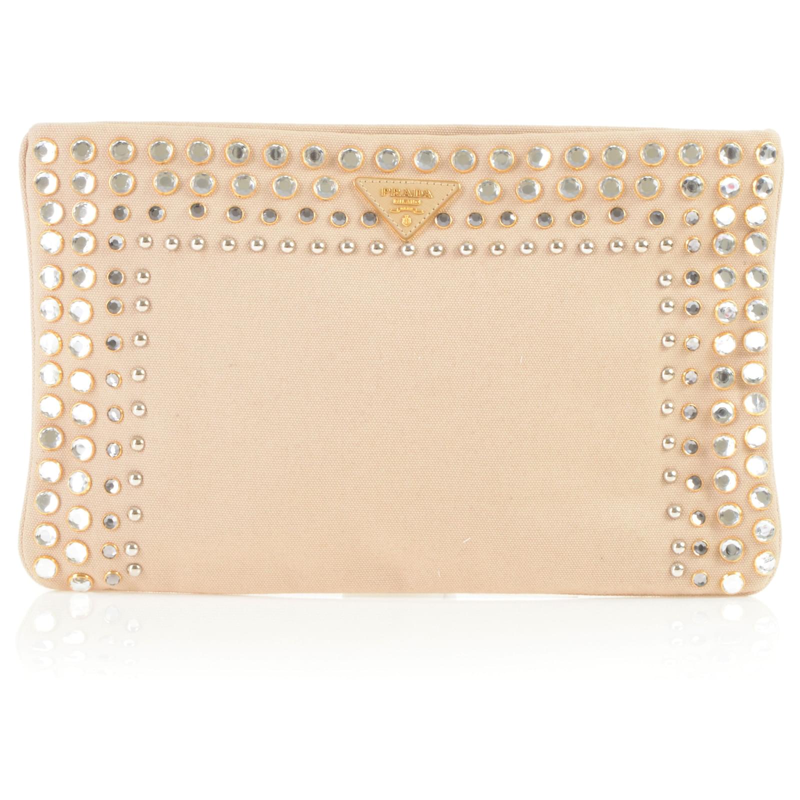 Prada Vernice Canapa Studded Clutch Bag Flesh Cloth