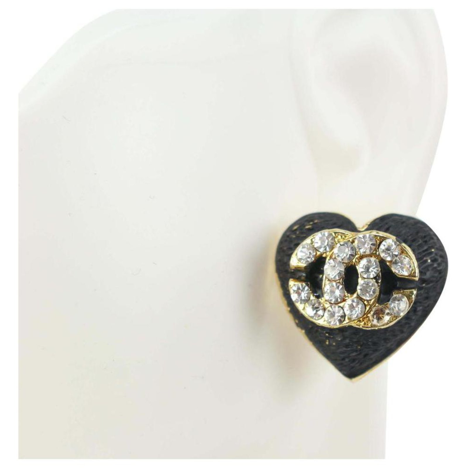 Chanel Black x Gold Heart Stone CC Crystal Pierce Earrings White