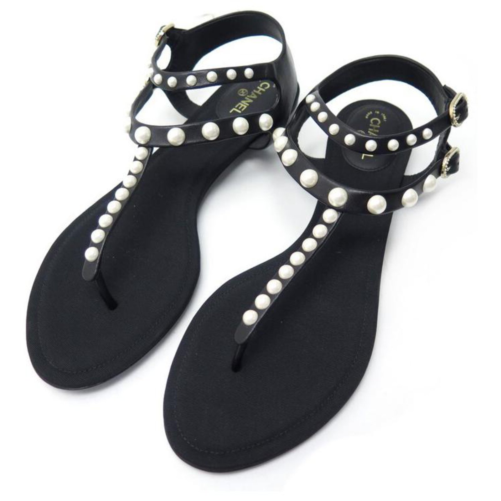 NEW CHANEL SANDALS PEARL L SHOES31653 41 NEW SHOES BLACK LEATHER