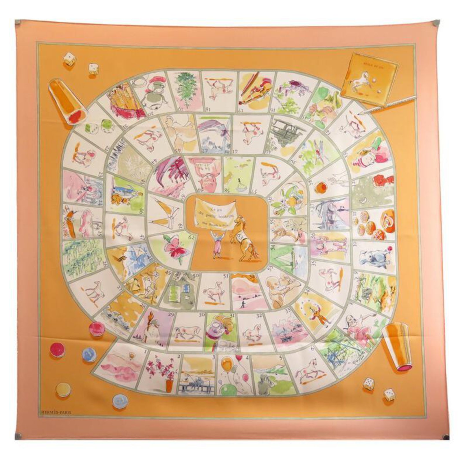 Hermès HERMES SCARF THE GAME OF LITTLE HAPPINESS SYNES SQUARE 90 SILK SCARF  BOX Orange ref.328772 - Joli Closet