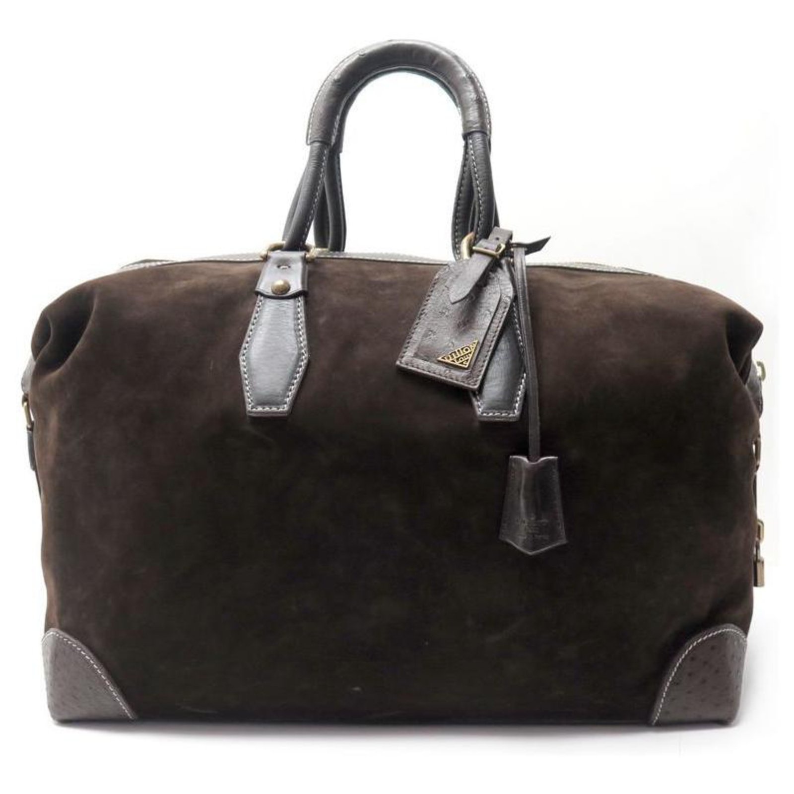 LOUIS VUITTON HANDED TRAVEL BAG IN BROWN SUEDE & OSTRICH LEATHER