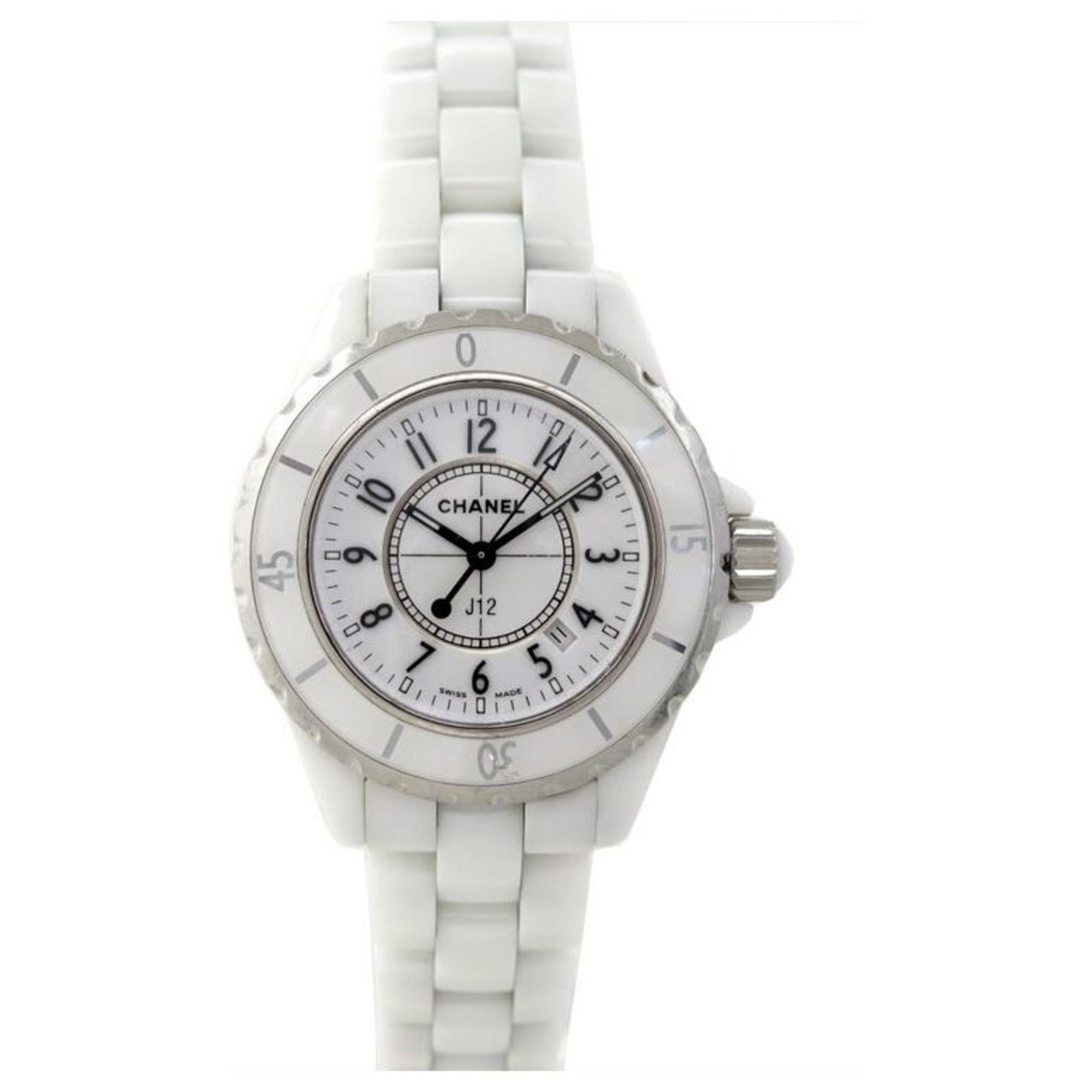 Chanel J watch12 H0968 33 MM DATE CERAMIC WHITE QUARTZ BOX WATCH