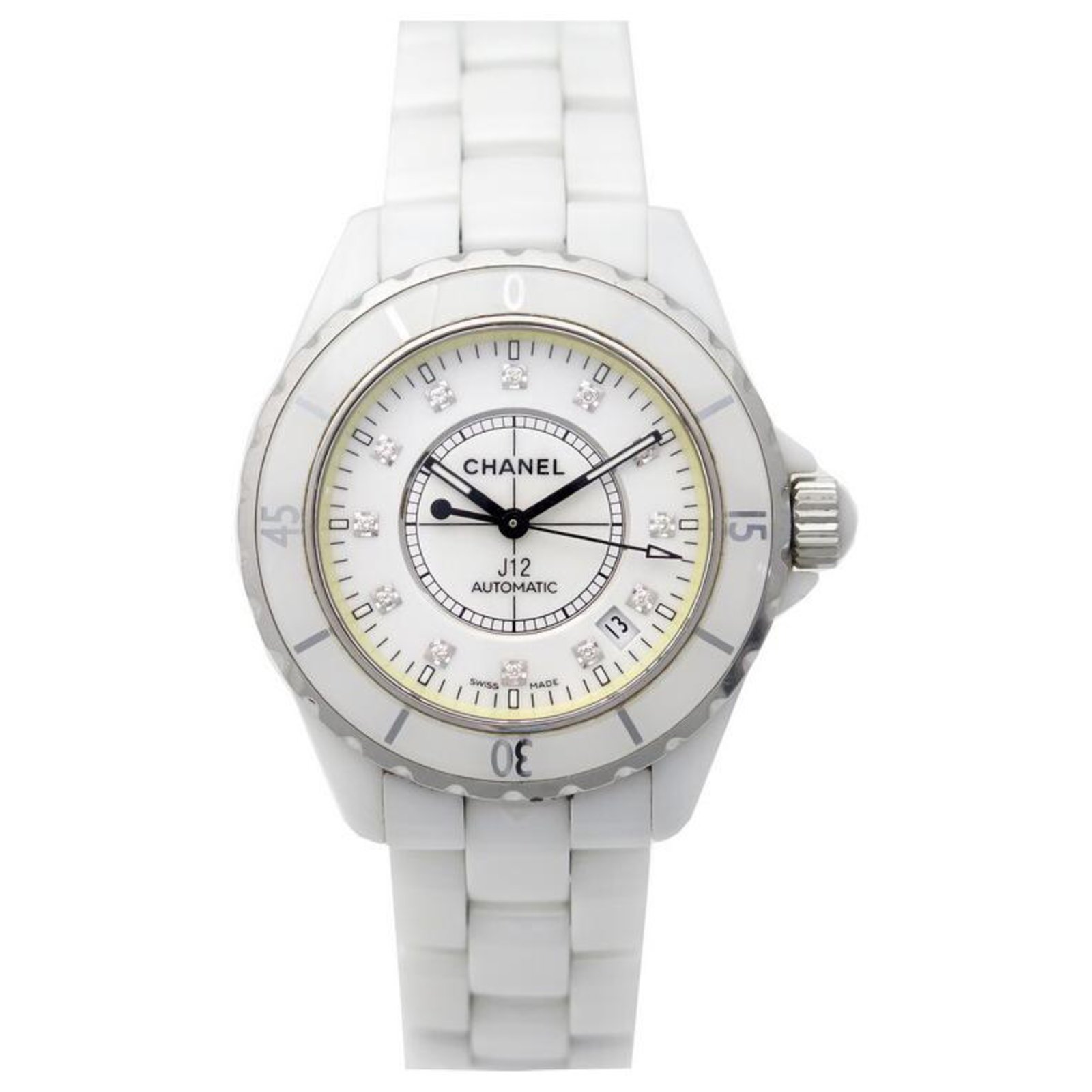 Chanel J watch12 H1629 automatic 38 MM WHITE CERAMIC DIAMONDS WATCH  ref.328917 - Joli Closet