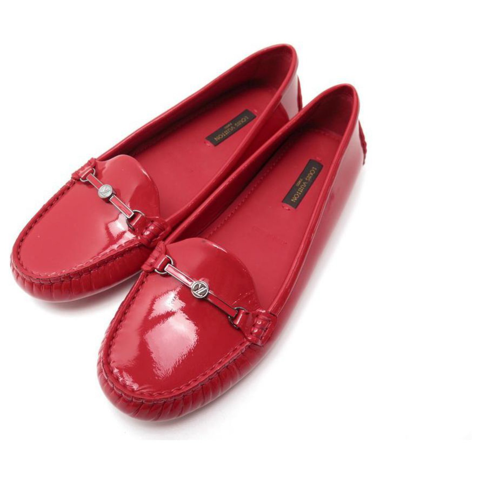 NEW LOUIS VUITTON SHOES 34.5 35 RED PATENT LEATHER LOAFERS RED
